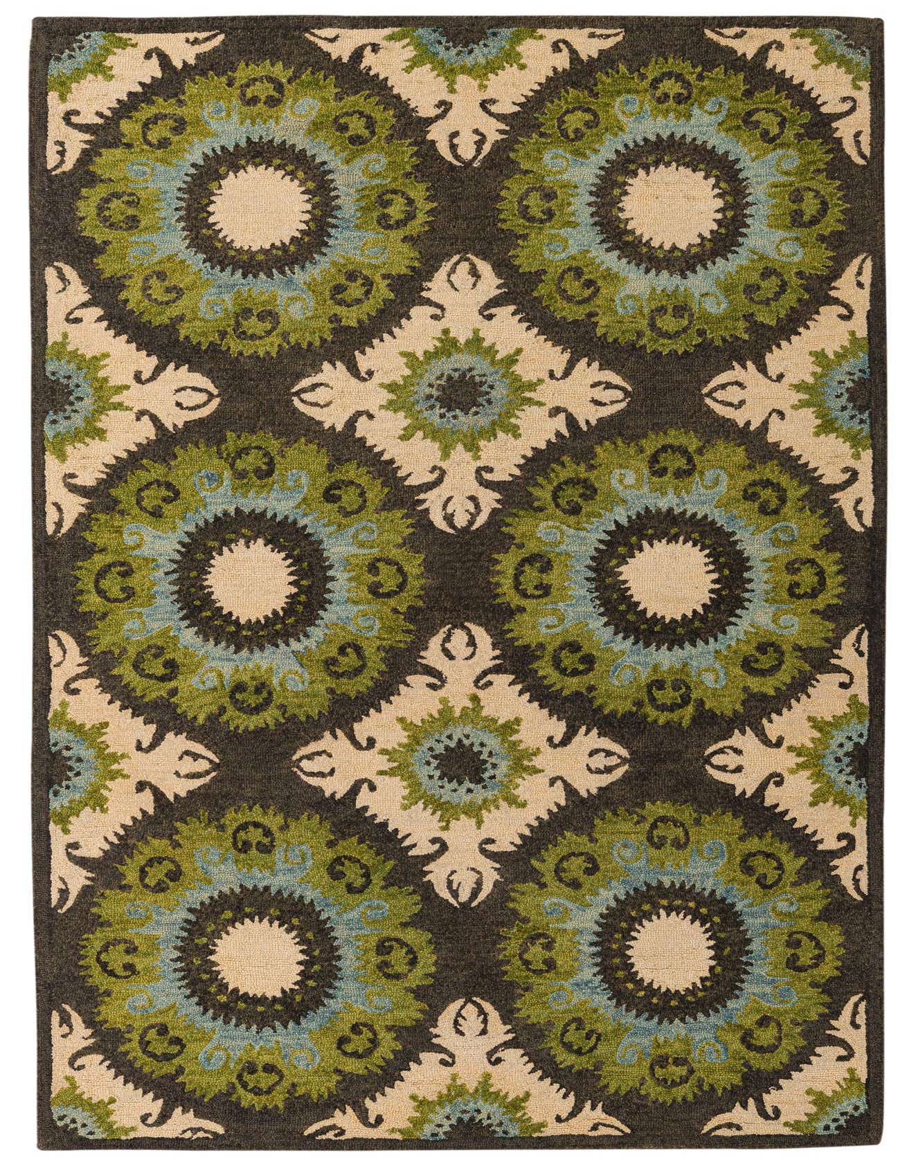 A 5x8 rectangular wool rug featuring a modern abstract pattern in multi-colored hues of green, blue, and beige on a dark background.