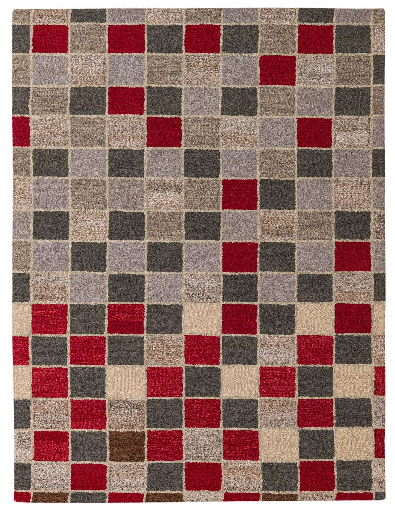A 5x8 rectangular Luna rug featuring a modern, abstract checkerboard pattern in shades of red, grey, beige, and brown.