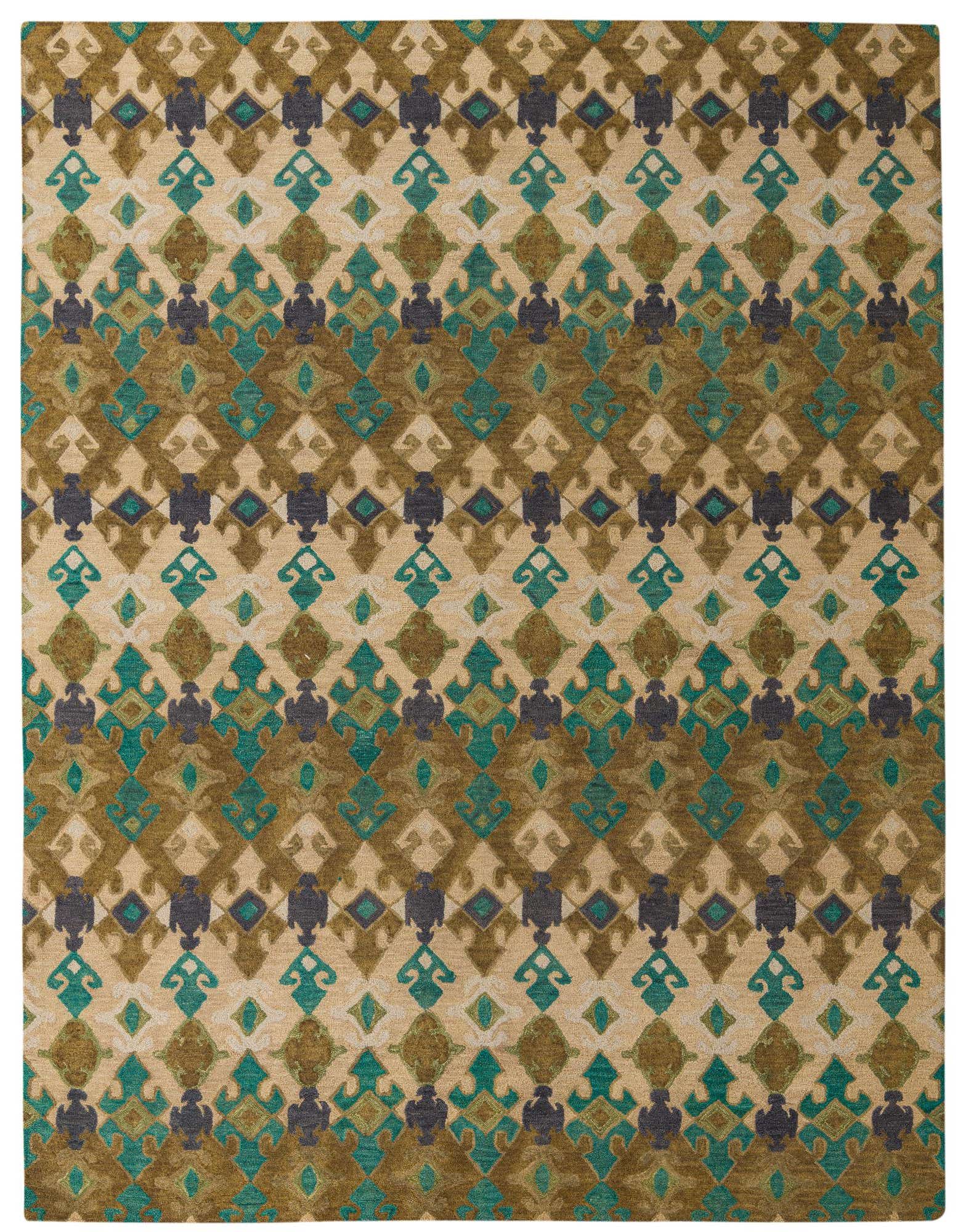 A rectangular 8x10 Luna Collection rug with a modern abstract pattern in multi-colored hues of teal, olive green, and dark grey on a beige background.