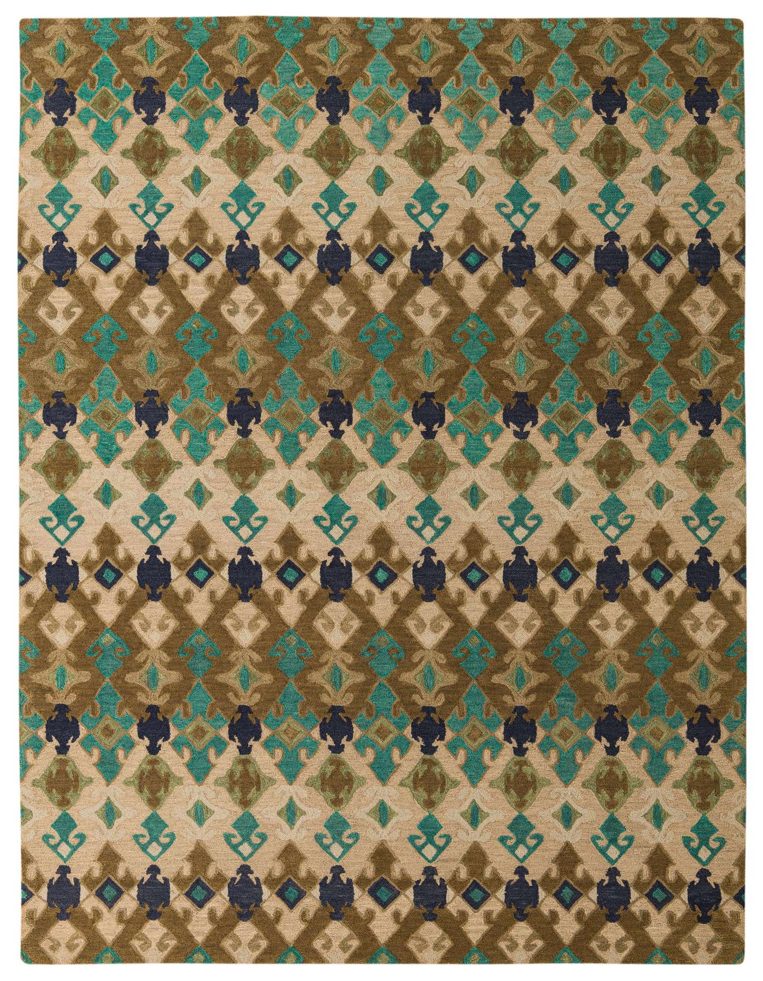 8x10 rectangular Luna rug with a modern abstract pattern in multi-colored hues of beige, brown, teal, and navy.
