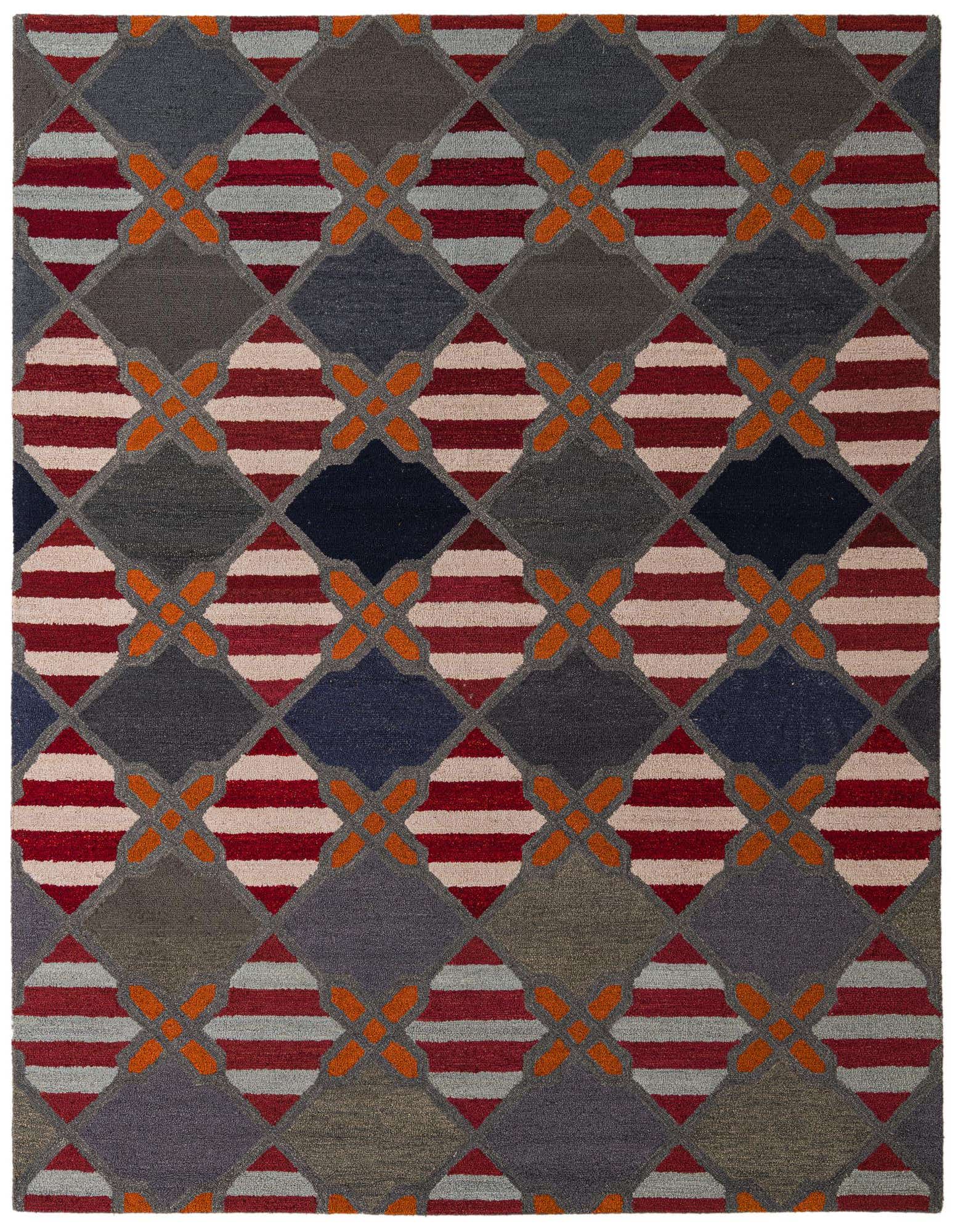 A rectangular 8x10 Luna rug featuring a multi-colored modern abstract pattern with diamonds and stripes in red, orange, gray, and navy.