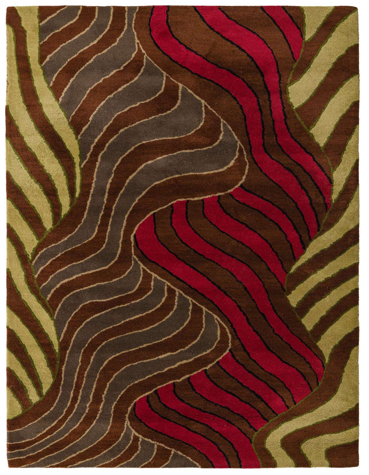A 5x8 rectangular Luna rug with a modern abstract pattern in multi-colored wool, featuring bold wavy stripes of red, brown, and olive green.