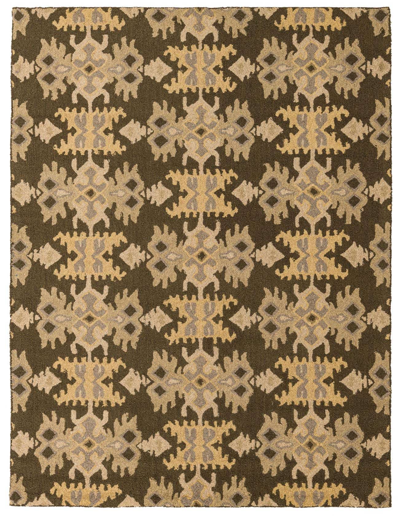 A rectangular 5x8 Luna rug featuring a modern abstract pattern in multi-colored tones of brown, beige, and yellow.
