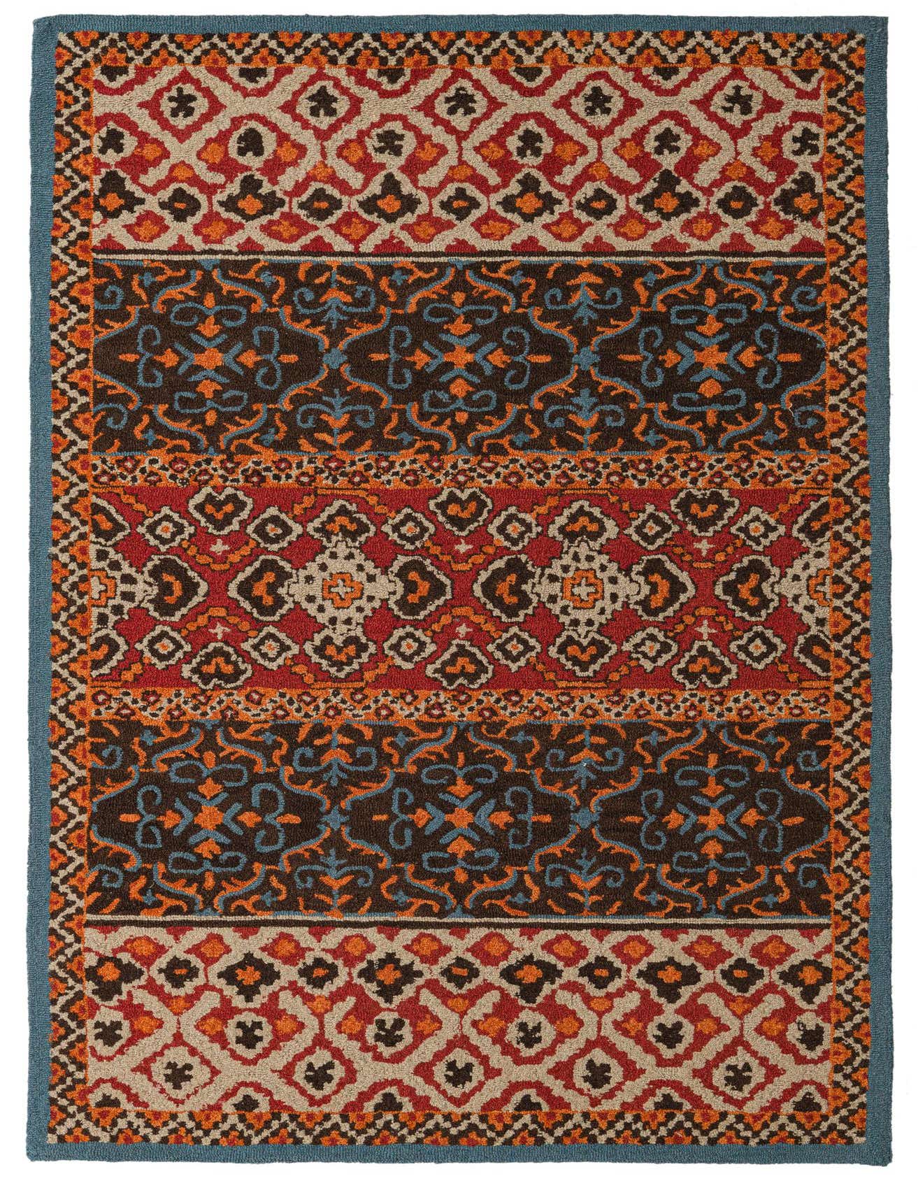 A rectangular 5x8 multi-colored wool rug with an abstract modern pattern and a blue border, suitable for a living room.