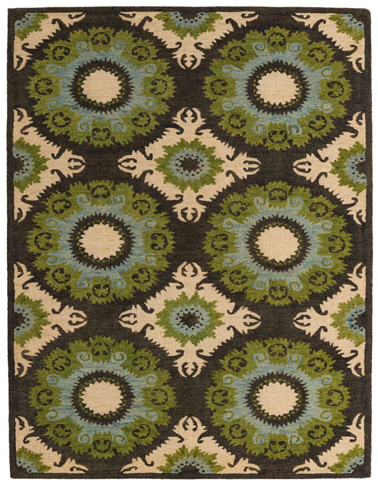 A 5x8 rectangular Luna rug featuring a modern abstract pattern in multi-colored wool, ideal for a living room.