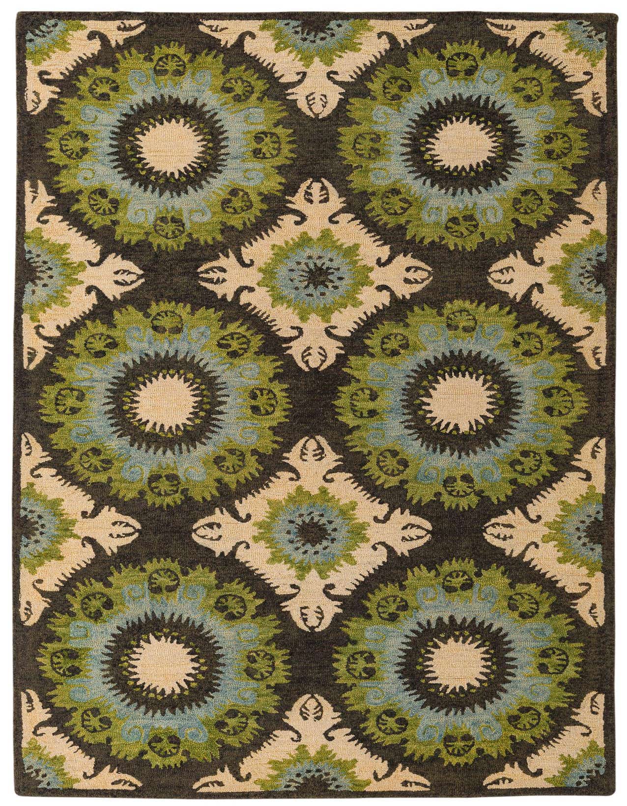 A 5x8 rectangular Luna rug featuring a modern abstract pattern in multi-colored wool, ideal for a living room.