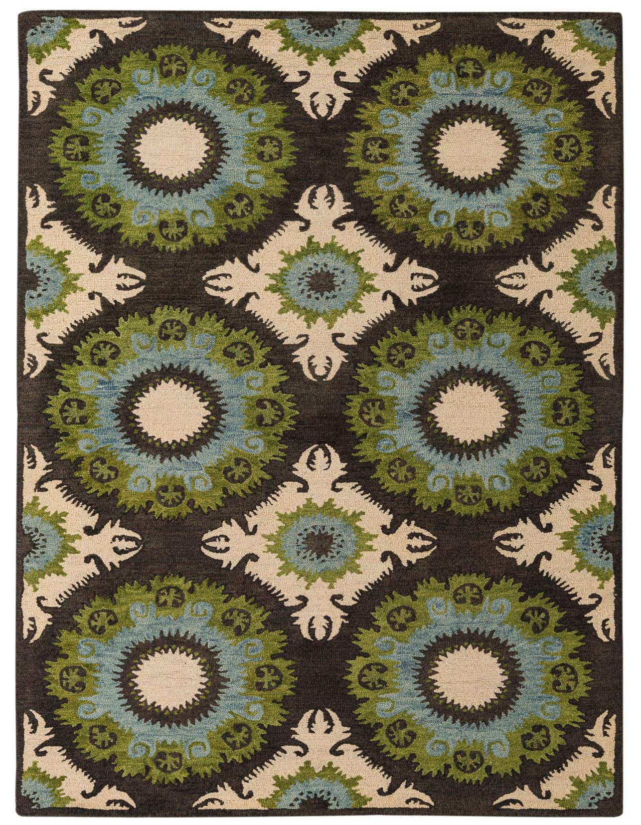 A 5x8 rectangular Luna Collection wool rug featuring a modern abstract pattern in multi-colored hues of green, blue, and cream on a dark brown background.