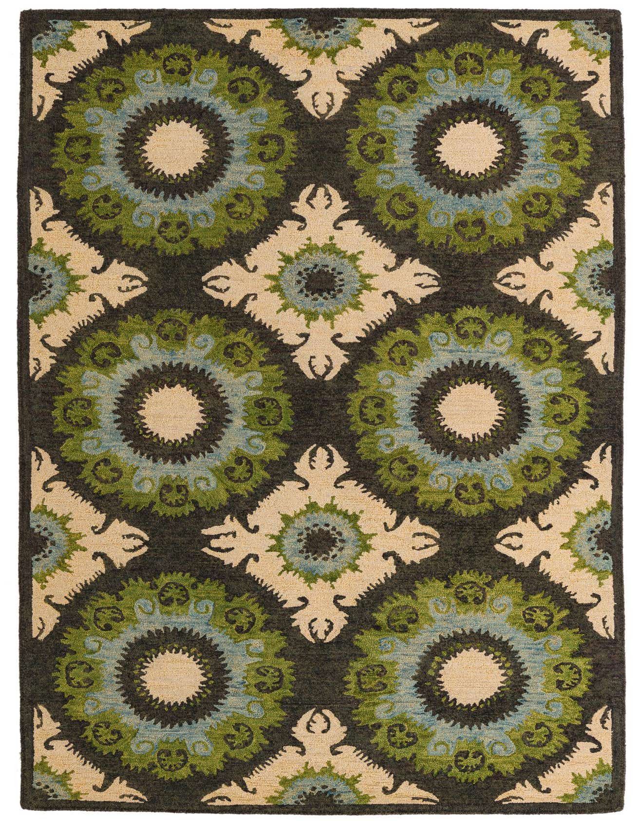 A rectangular 5x8 Luna Collection rug with a modern abstract pattern in multi-colored hues, featuring large circular motifs in green and blue on a dark background.