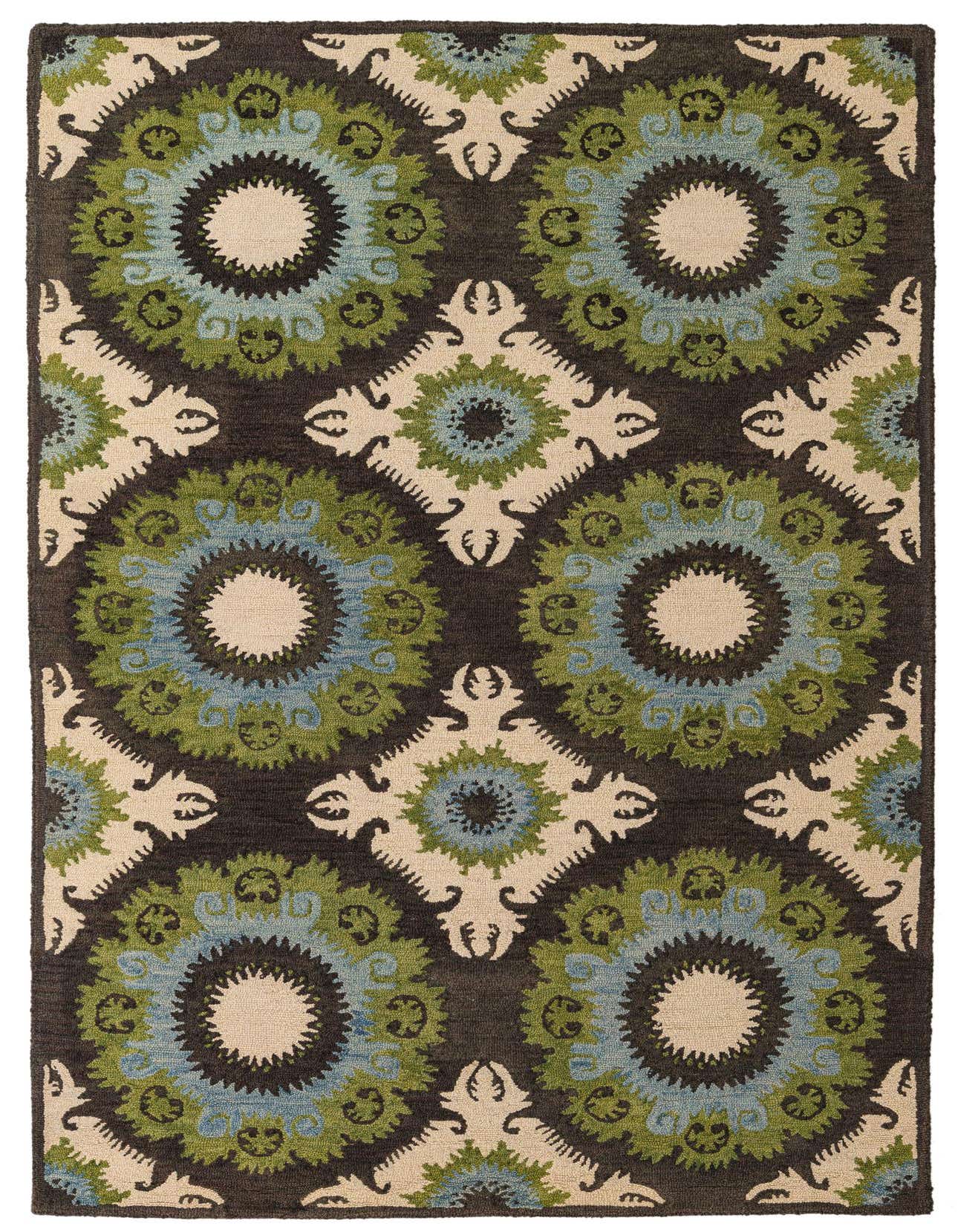 A 5x8 rectangular Luna rug with a modern abstract pattern in multi-colored hues of green, blue, and cream on a dark brown background.