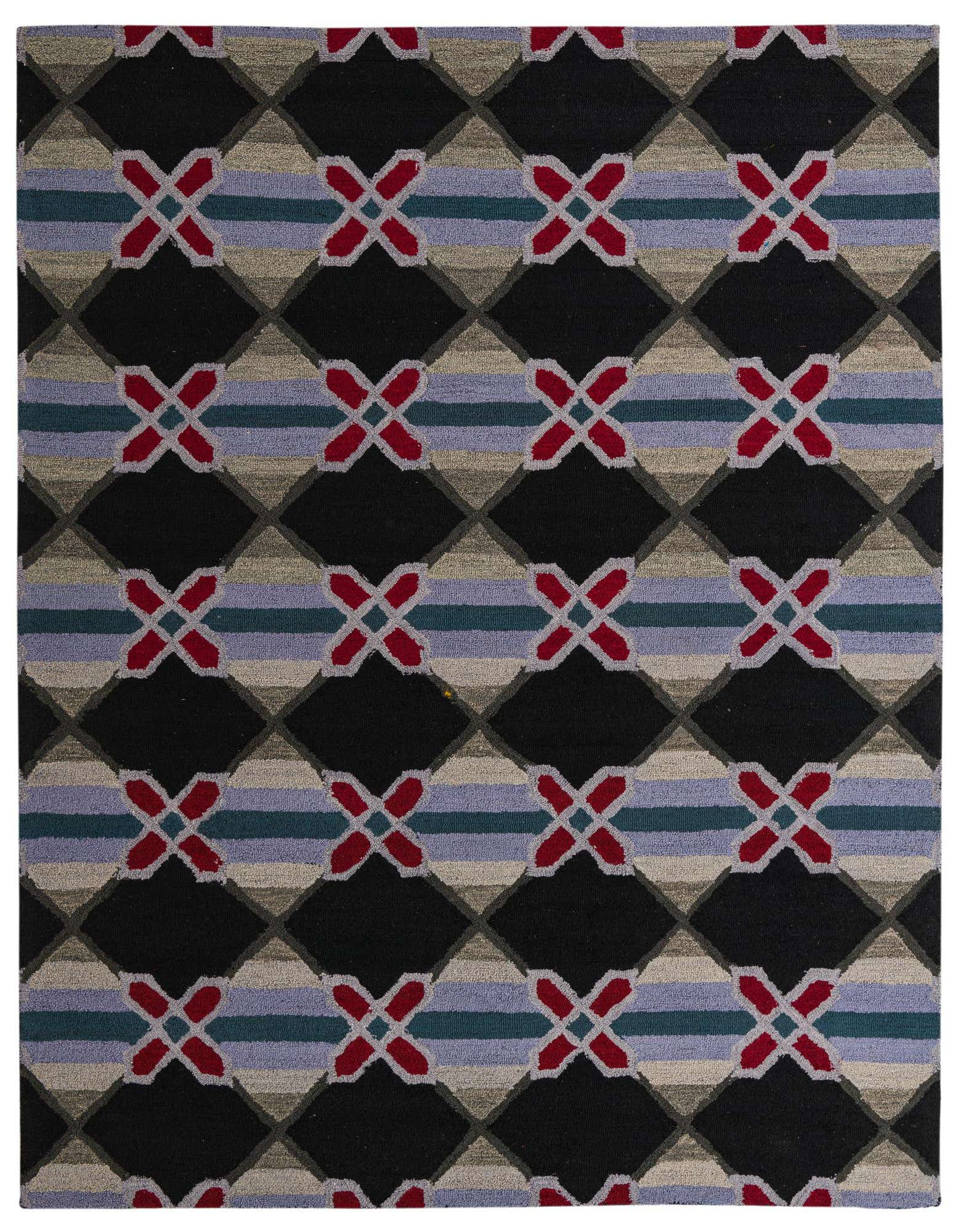 A multi-colored 8x10 rectangular wool rug featuring a modern abstract pattern of black diamonds, red geometric shapes, and horizontal stripes in blue, gray, and beige.