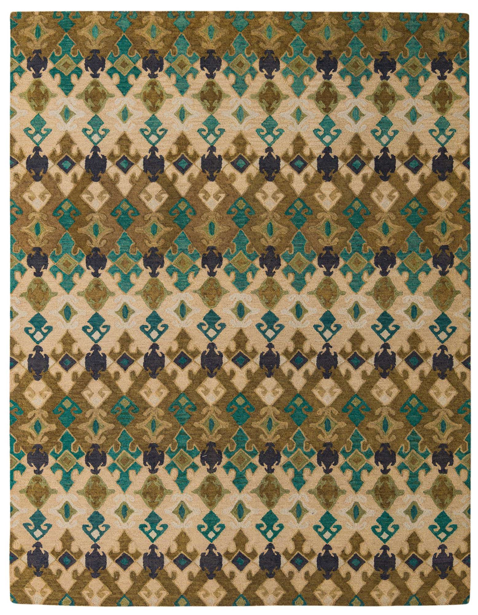 A rectangular 8x10 Luna Collection rug with a modern abstract pattern in multi-colored hues of beige, brown, teal, and green.