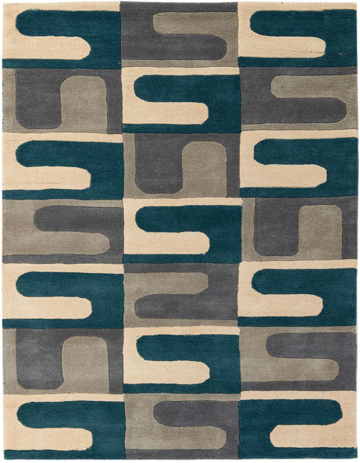 A 5x8 rectangular Luna rug with a modern abstract pattern in teal, dark gray, light gray, and cream.
