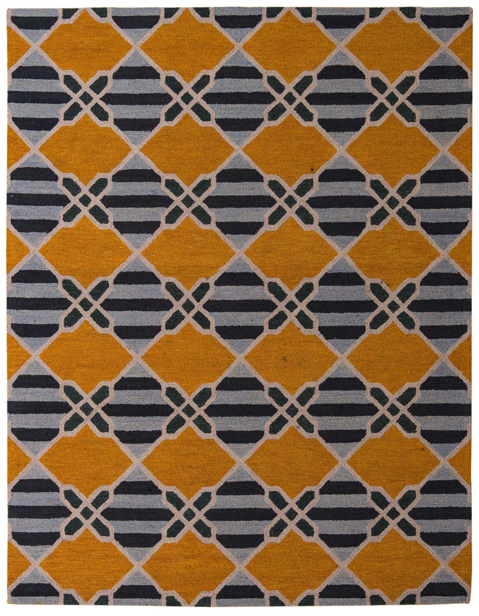 A rectangular 8x10 Luna Collection wool rug featuring a modern abstract pattern in mustard yellow, light gray, dark gray, and beige.