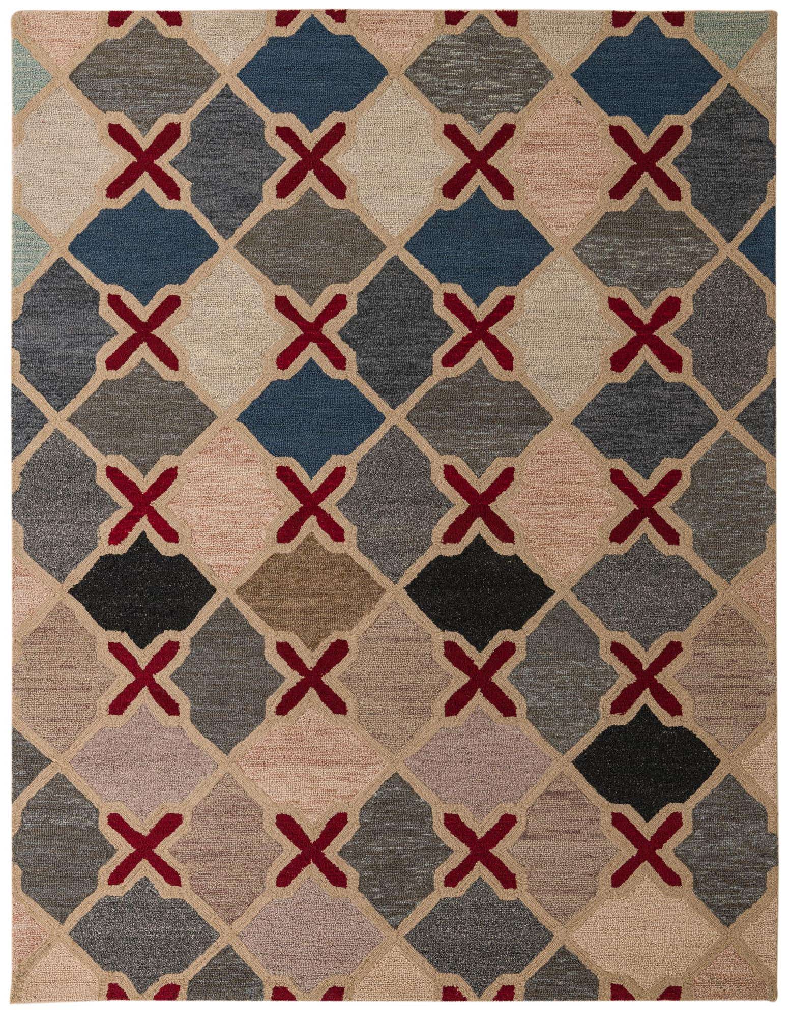 A multi-colored 8x10 rectangular wool rug featuring a modern abstract pattern of various colored diamonds and red 'X' shapes.