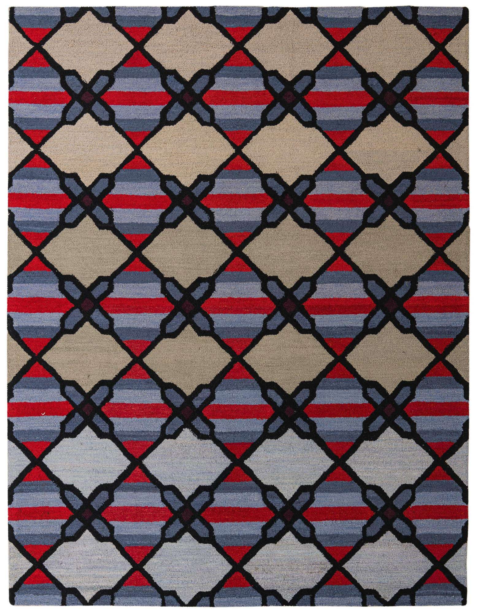 A rectangular 8x10 wool rug featuring a bold modern geometric pattern in multi-colored hues of red, blue, black, and beige.