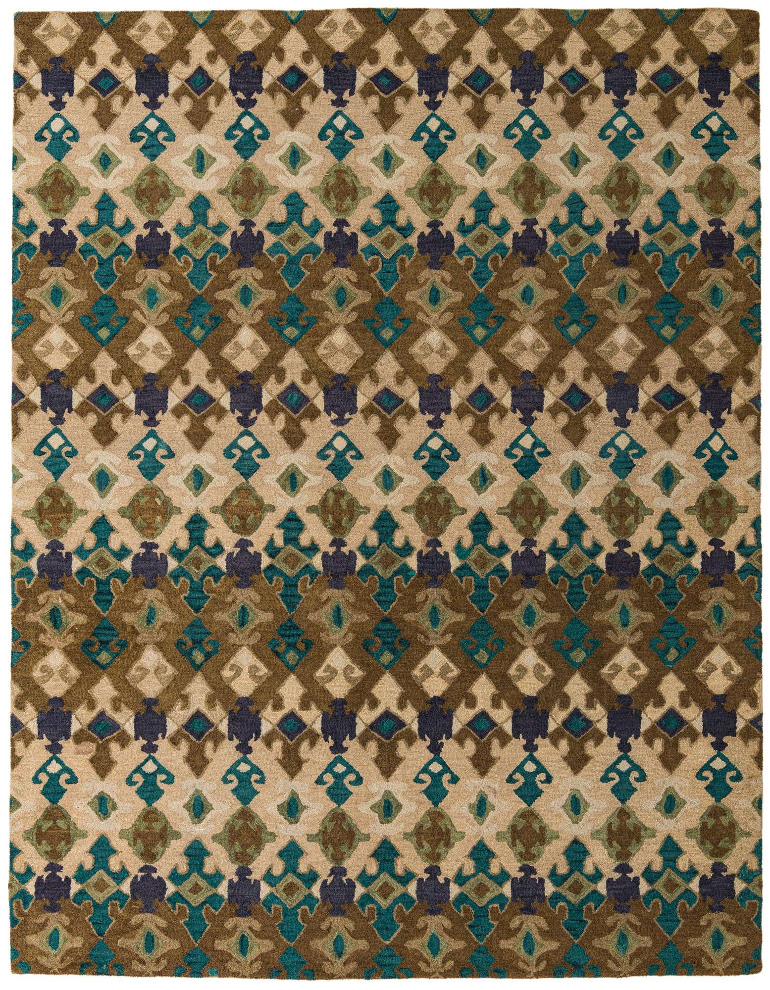 A rectangular 8x10 Luna rug featuring a modern, abstract pattern in multi-colored hues of teal, brown, beige, and navy.