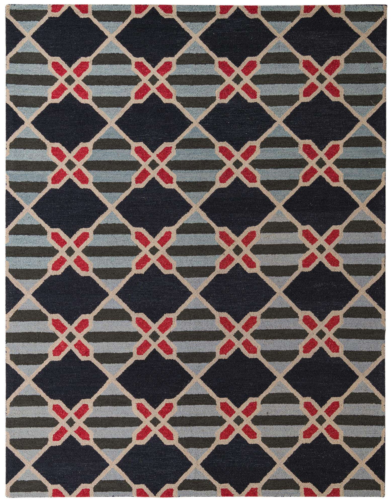 A rectangular 8x10 Luna Collection rug with a modern geometric pattern in navy, light blue, dark grey, beige, and red.