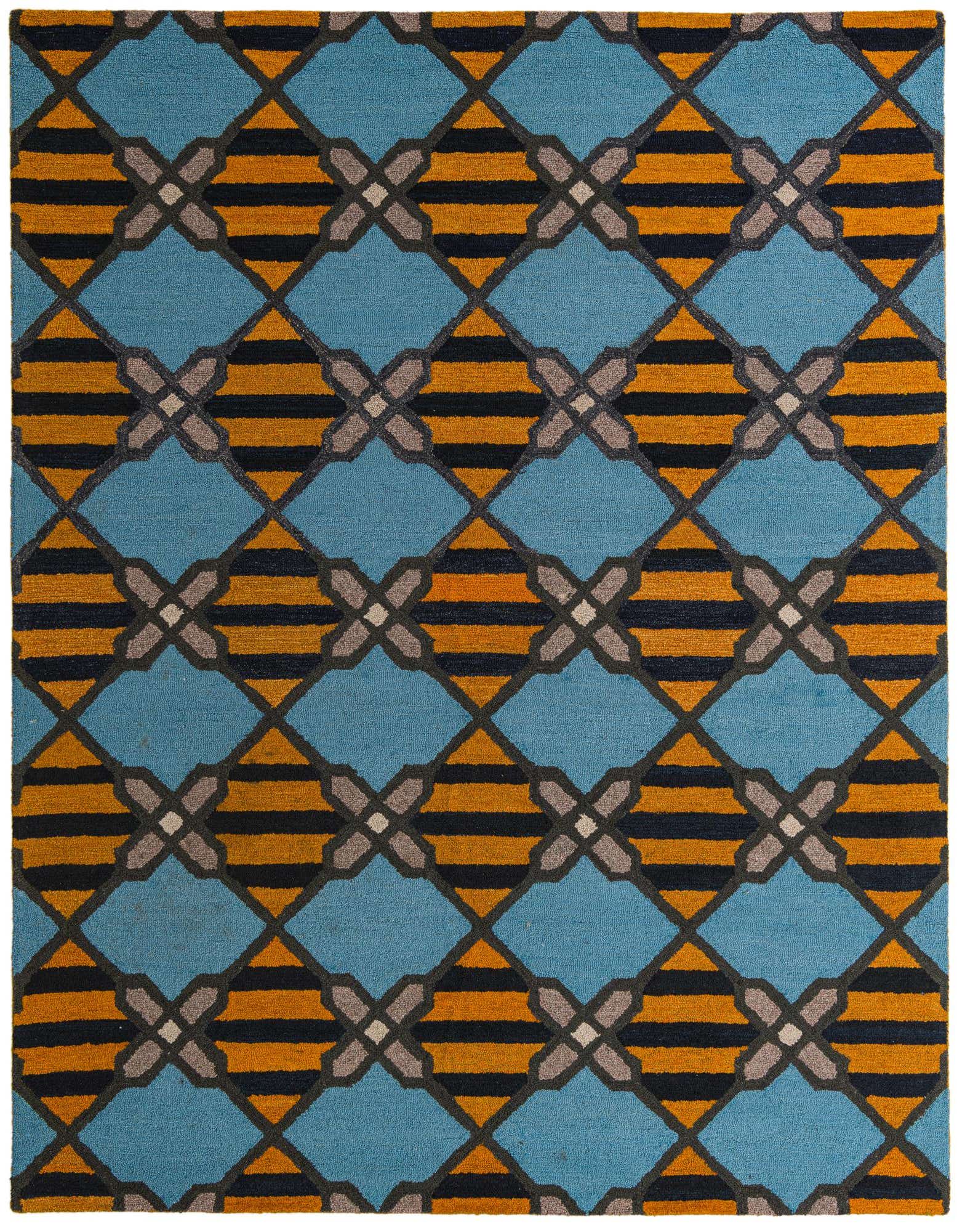 A vibrant 8x10 rectangular wool rug featuring a modern abstract pattern of blue, orange, black, and gray geometric shapes.