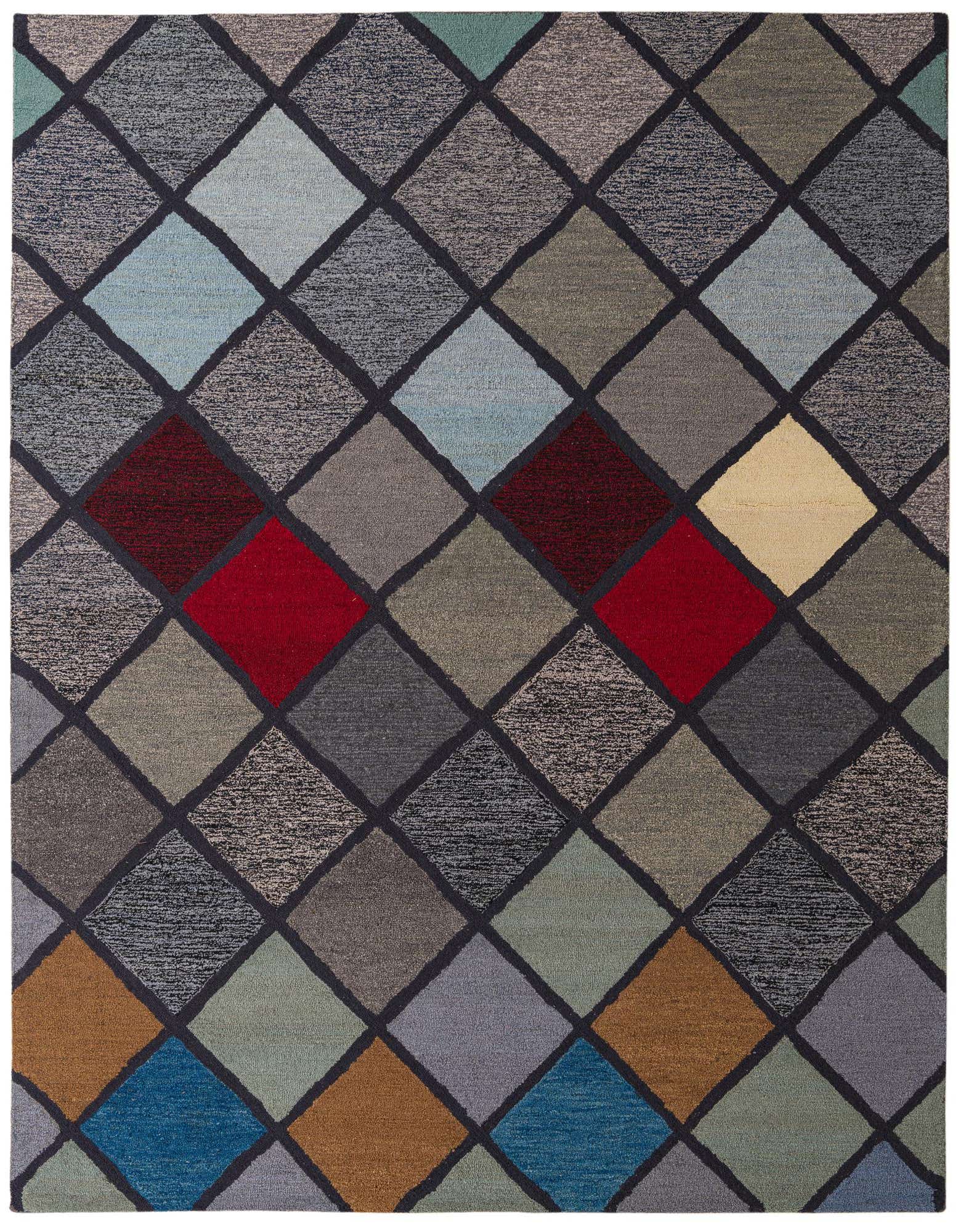 A rectangular 8x10 Luna rug featuring a modern argyle pattern with multi-colored wool diamonds in shades of blue, red, green, gray, and brown, outlined in dark gray.