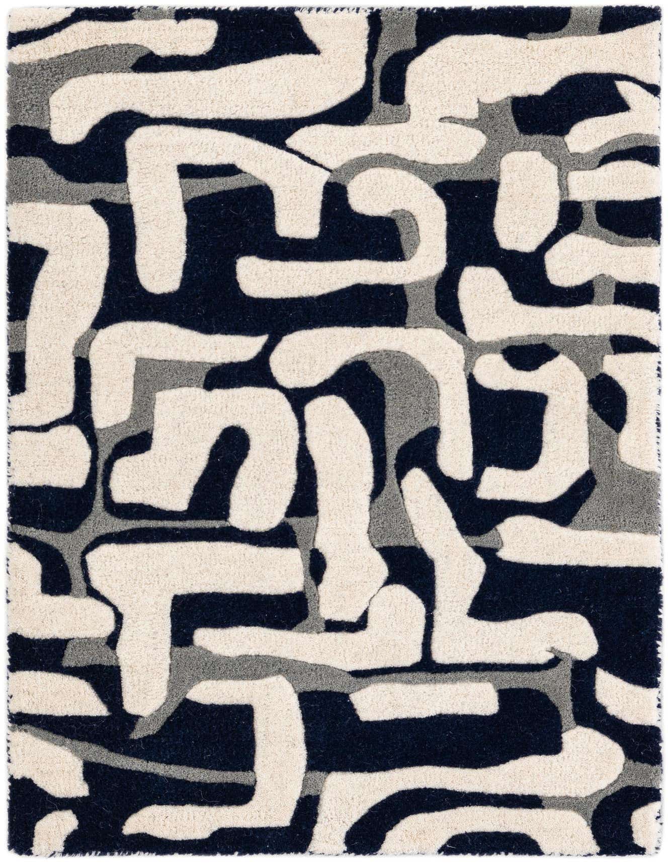 A 2x3 rectangular Luna rug by Rugs.com with a high pile, featuring an abstract pattern in dark blue, light grey, and off-white.
