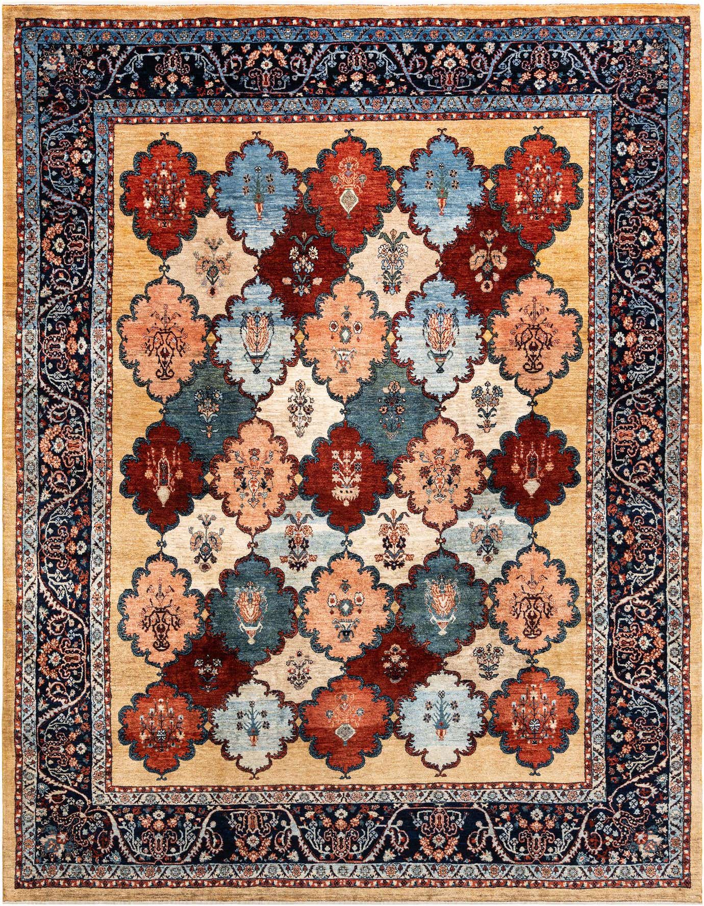 A rectangular, multi-colored Persian wool rug featuring a central field of interlocking floral medallions in rust, blue, and peach on a gold background, framed by an intricate navy and light blue border.