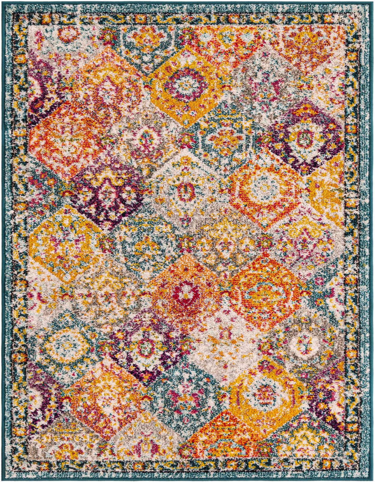 A vibrant 3x5 rectangular multi-colored rug with a transitional trellis pattern, featuring shades of orange, yellow, teal, and purple.