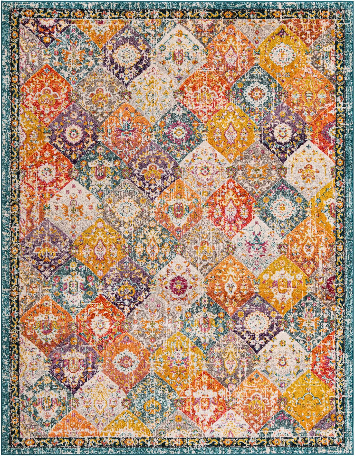 A vibrant 8x11 multi-colored rectangular rug with a distressed trellis and medallion pattern, ideal for a living room.