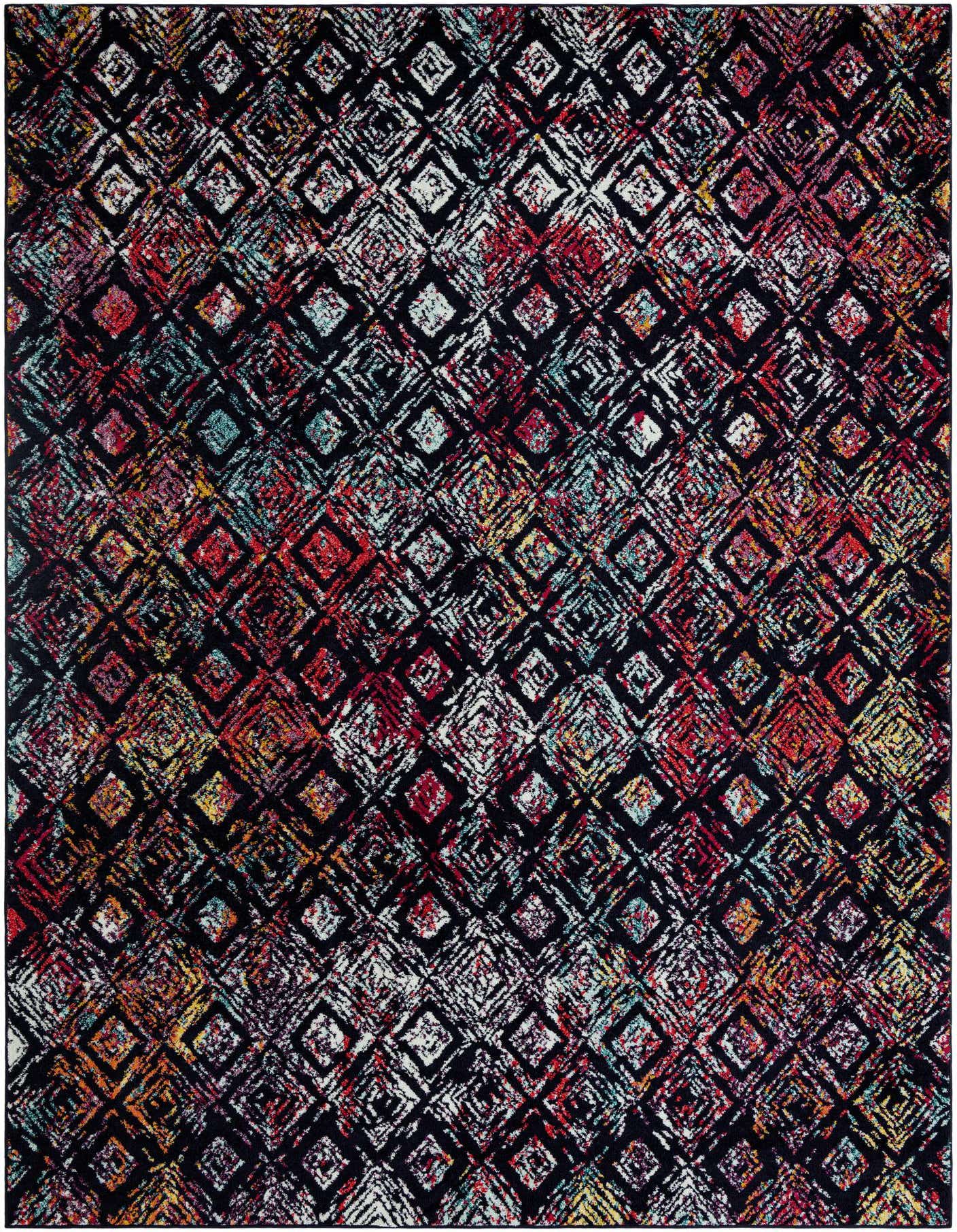 A 10x14 rectangular multi-colored rug with a distressed geometric diamond pattern, suitable for an indoor living space.