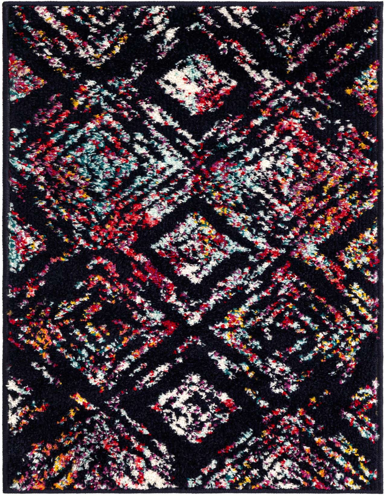A 2x3 rectangular multi-colored rug with a dark background and a vibrant abstract diamond pattern, suitable for an entryway or kitchen.