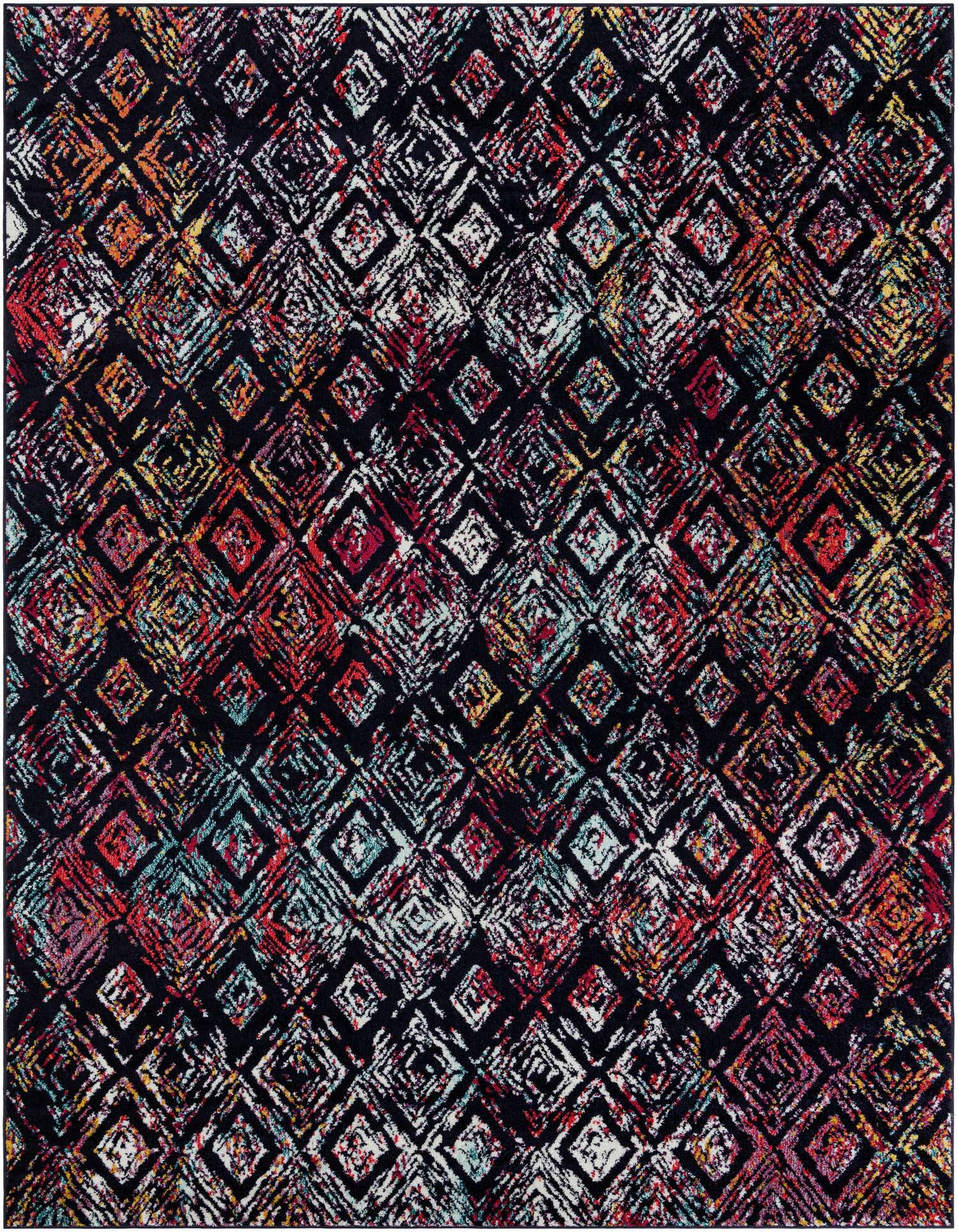 A 9x12 rectangular modern rug with a multi-colored geometric diamond pattern on a dark background.