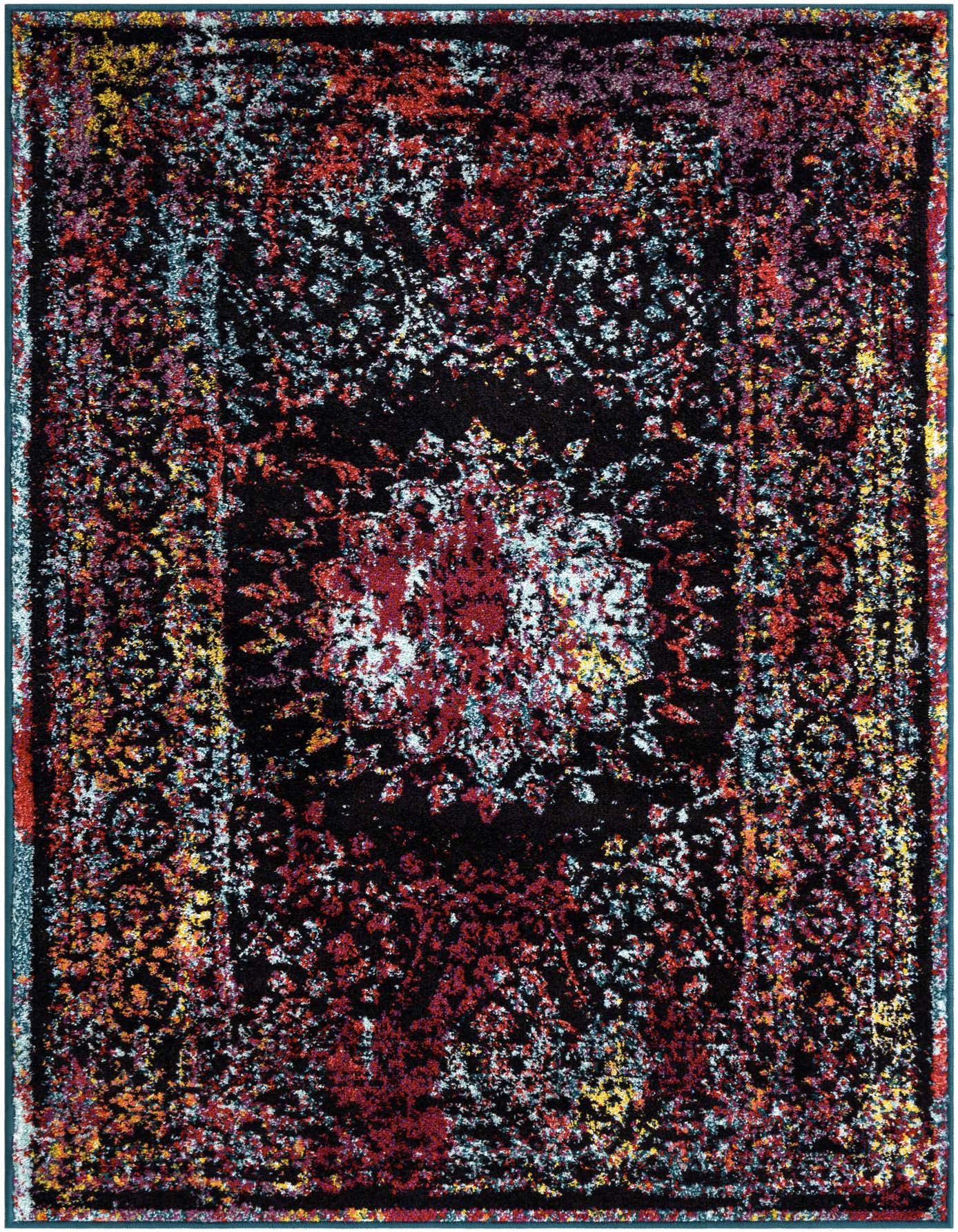 A 4x6 rectangular multi-colored rug with a distressed traditional pattern in red, blue, yellow, and black.