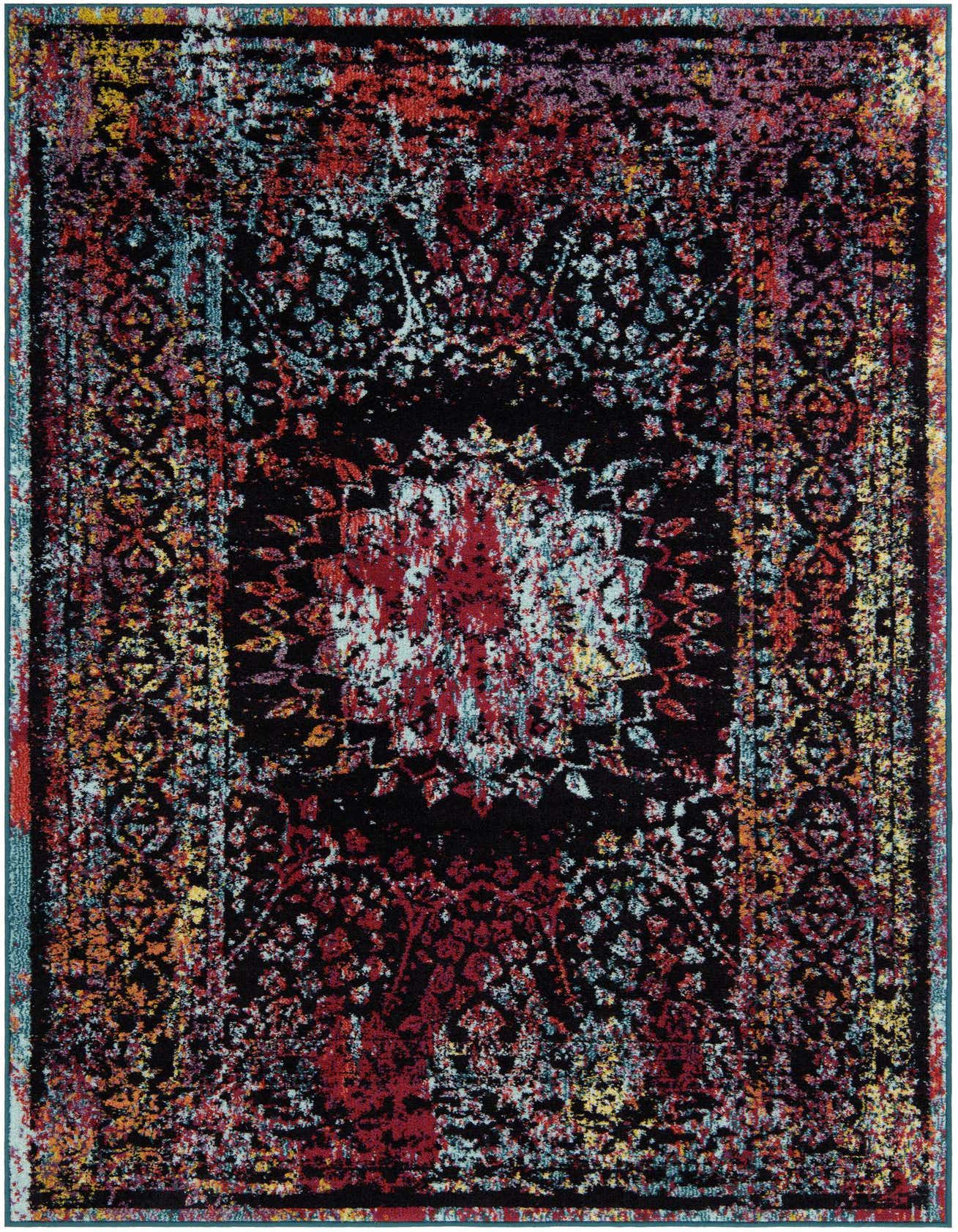 A 5x8 rectangular multi-colored rug with a distressed traditional pattern, featuring shades of red, blue, yellow, and purple on a dark background.