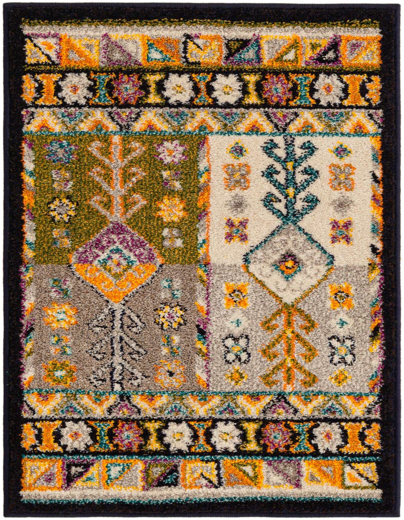 A rectangular 2x3 multi-colored rug with a vibrant, eclectic pattern featuring geometric shapes and floral motifs in shades of green, cream, orange, and purple, bordered by a dark edge.