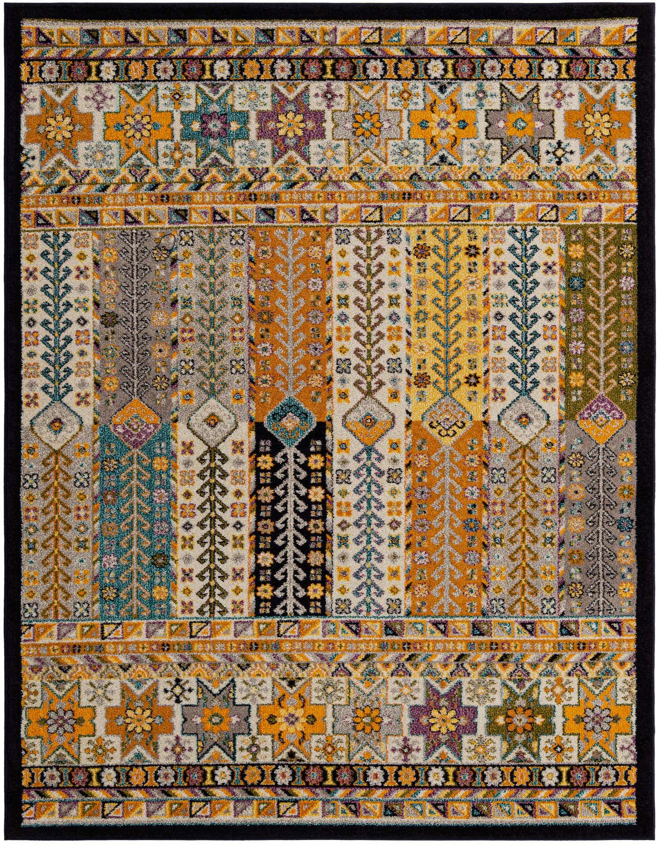 A 6x9 multi-colored rectangular rug with a vibrant patchwork design featuring floral and geometric patterns, bordered in black.