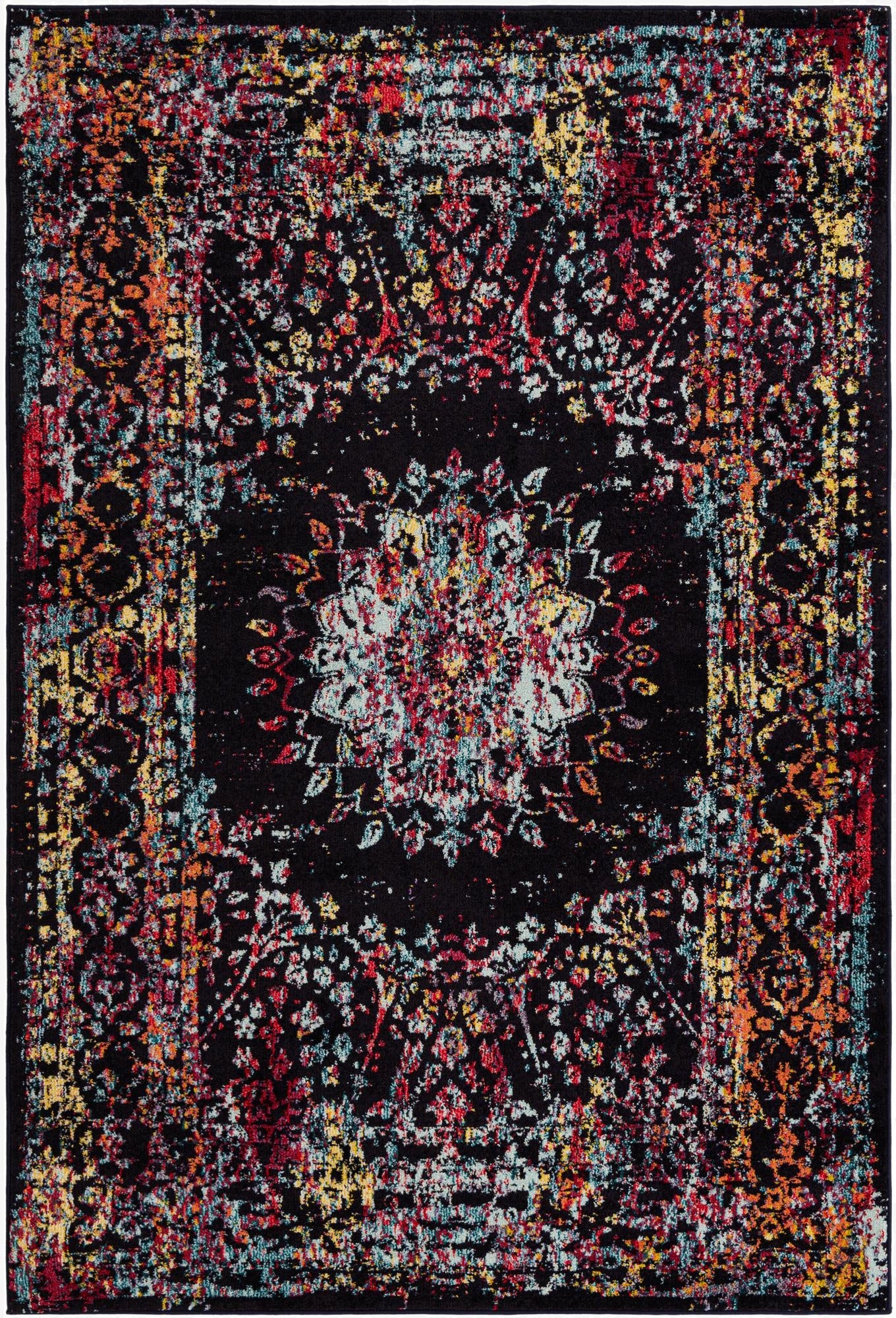 A 6x9 rectangular multi-colored area rug with a distressed traditional pattern on a black background, featuring vibrant reds, blues, oranges, and yellows.