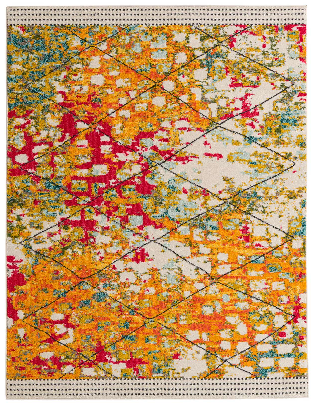 A 5x8 rectangular Malibu Collection rug with a modern abstract pattern in multi-colors, featuring red, orange, yellow, and blue splashes over an ivory base with black geometric lines.