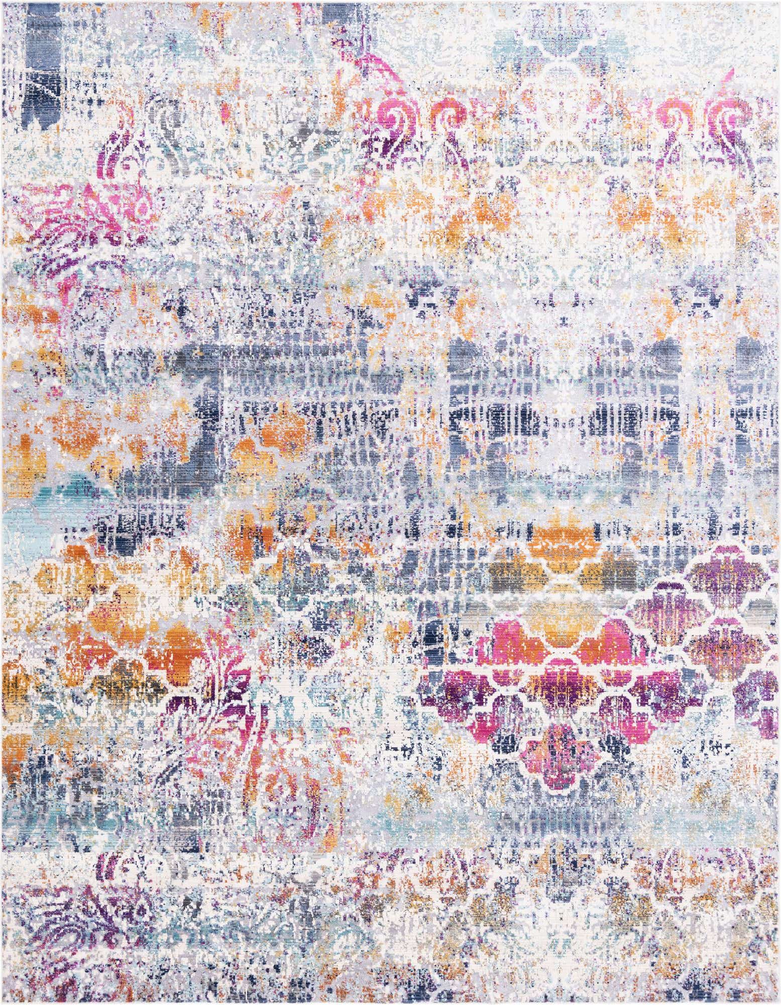 A large 9x12 multi-colored rectangular Bohemian rug with a distressed trellis and floral pattern, featuring vibrant pink, orange, purple, and blue hues on a light background, suitable for a living room.