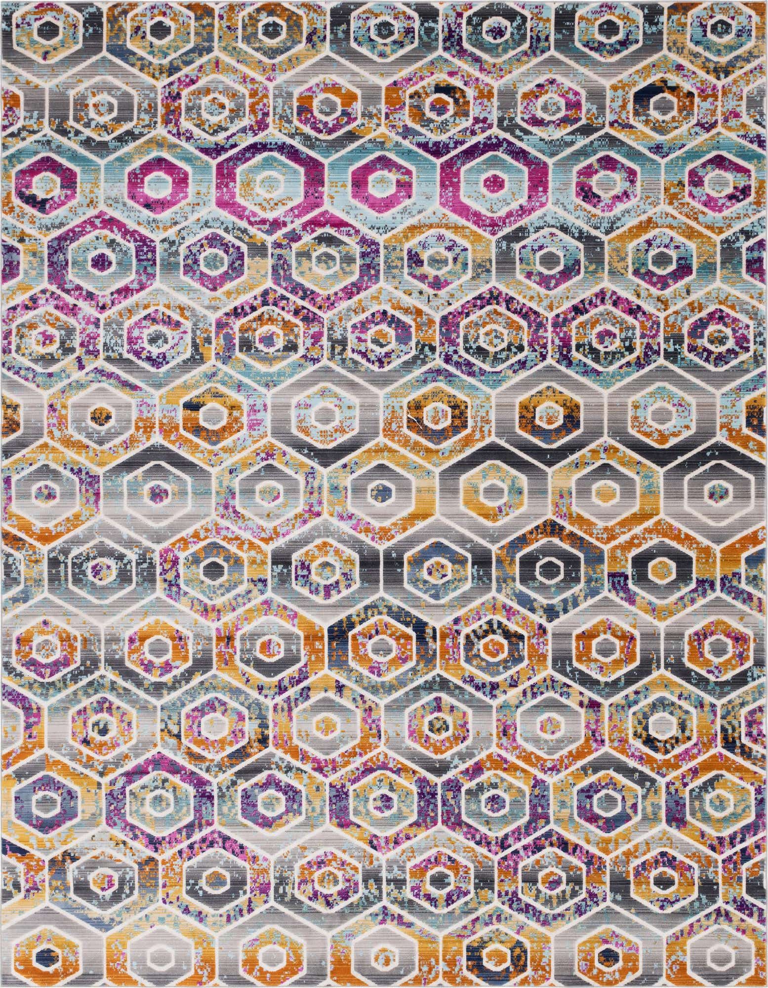 A 9x12 multi-colored rectangular area rug featuring an urban tribal hexagon pattern in shades of purple, teal, orange, and gray.