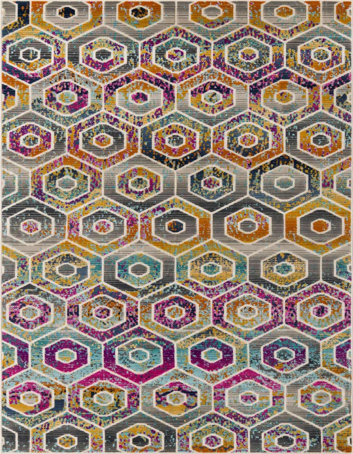 A 5x8 rectangular multi-colored rug featuring a modern geometric trellis pattern with vibrant hexagons in orange, teal, magenta, and yellow on a gray background.