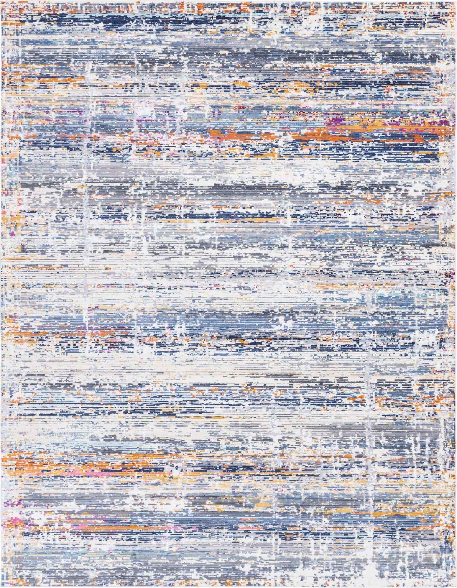 A 9x12 multi-colored rectangular area rug featuring an urban, transitional stripe pattern with blue, orange, gray, and white hues.