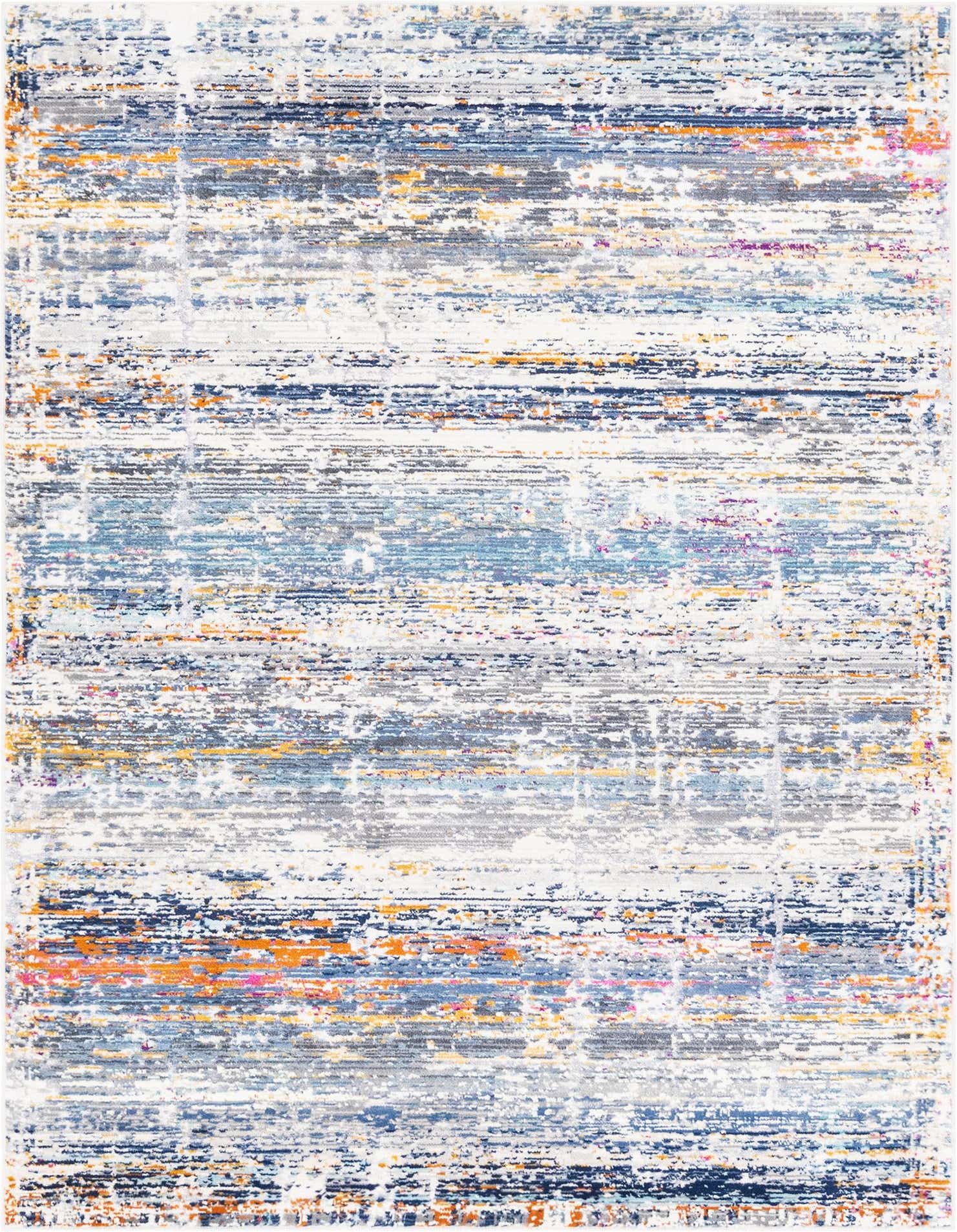 A 4x6 multi-colored rectangular rug with an urban, modern stripe pattern in blues, oranges, and grays.