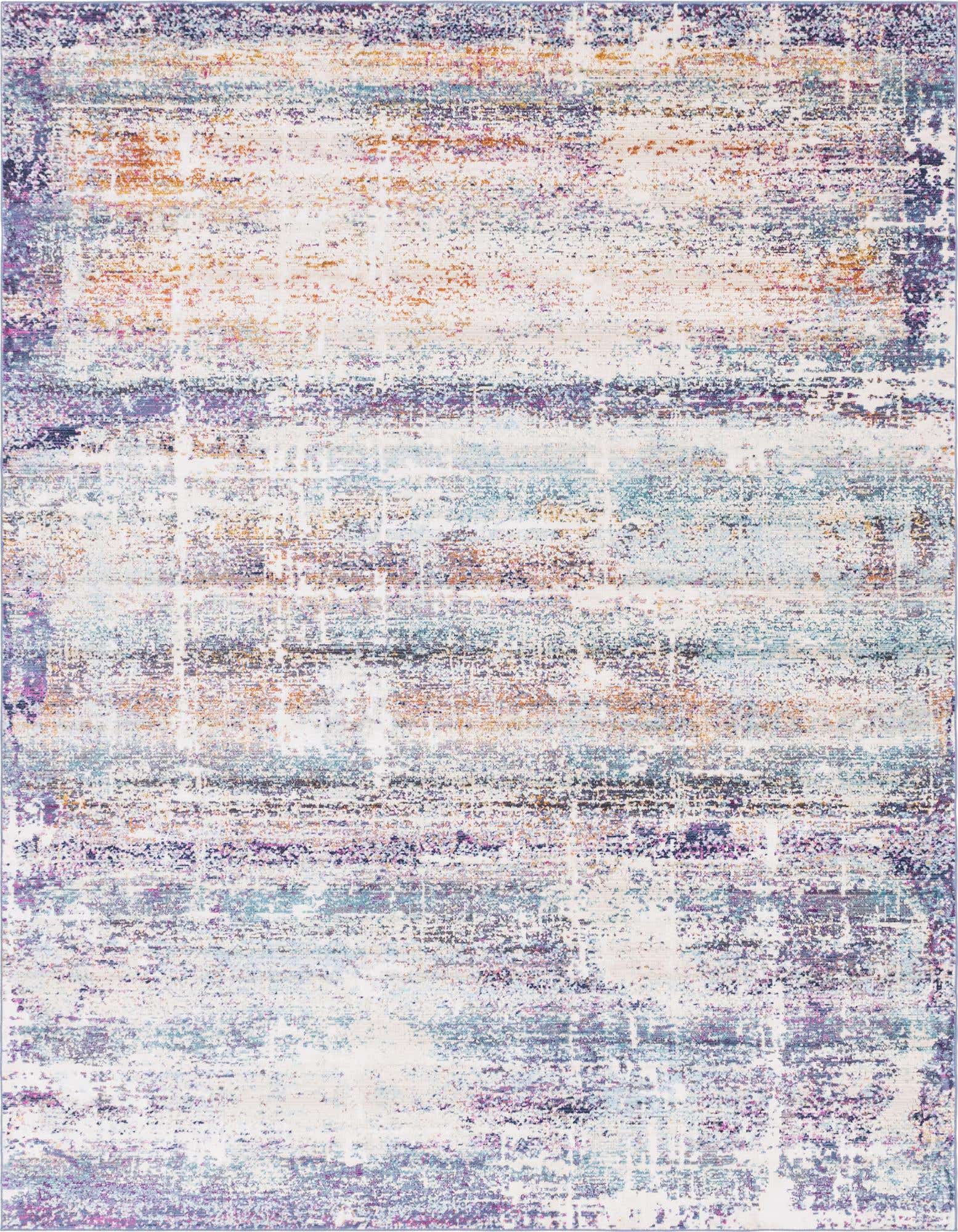 A 9x12 multi-colored rectangular area rug with an abstract, distressed urban pattern, featuring shades of purple, blue, orange, and white.