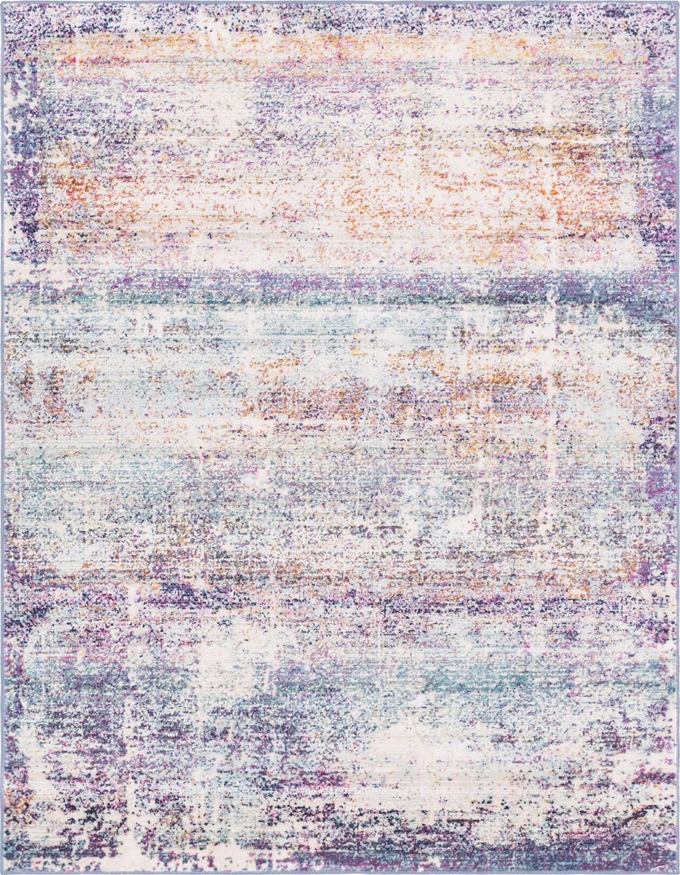 A 4x6 multi-colored rectangular area rug with an abstract, distressed pattern in shades of purple, orange, blue, and white.