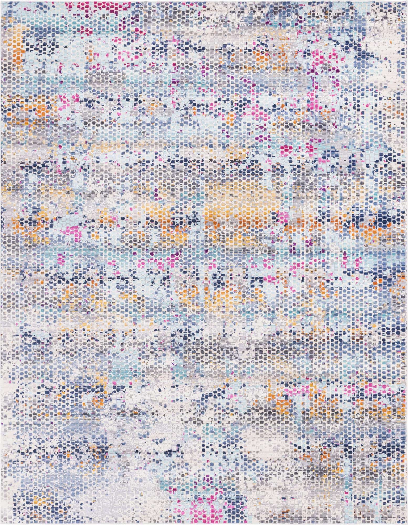 A 9x12 rectangular multi-colored abstract rug with a textured, high pile, featuring shades of blue, pink, orange, and gray.