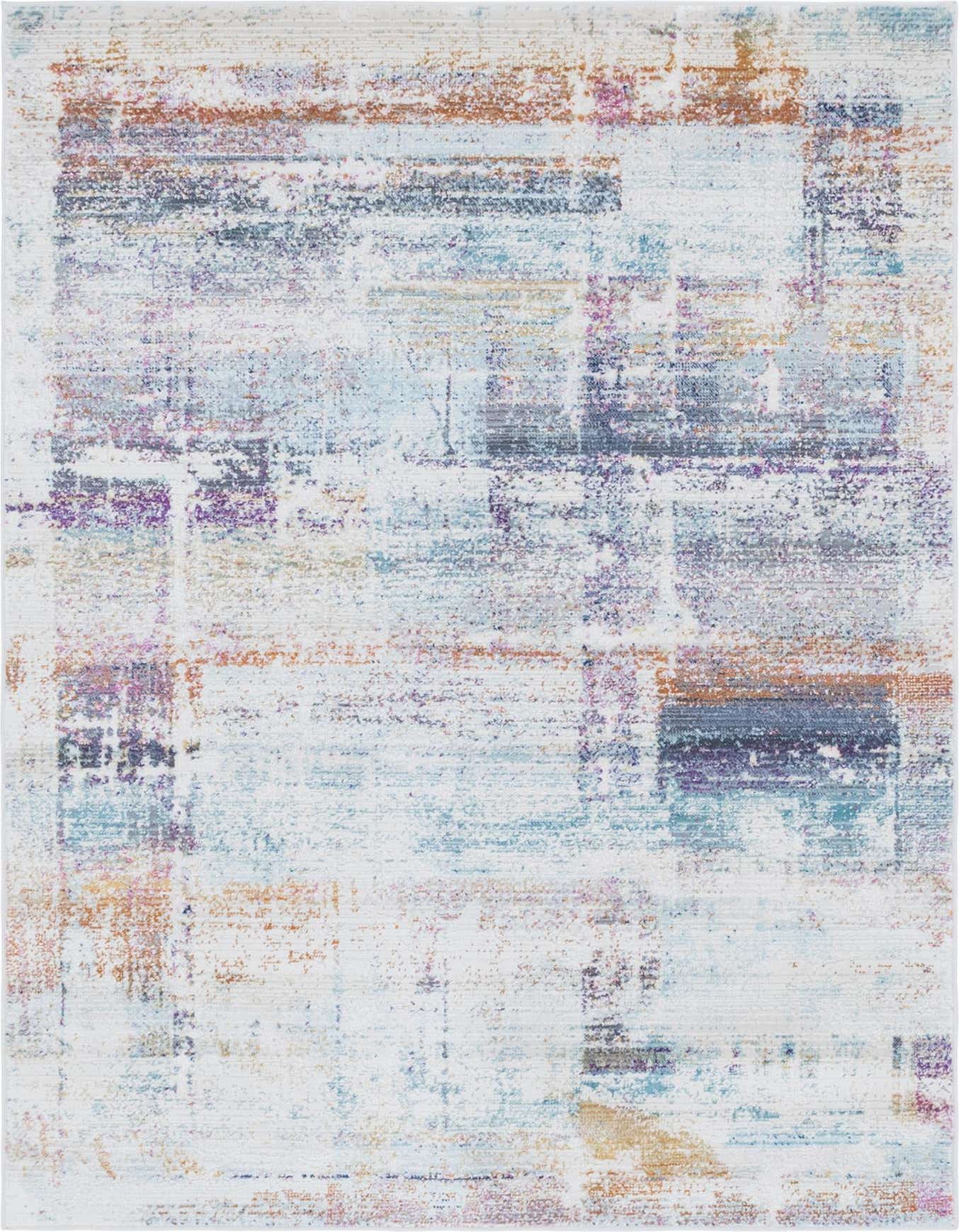 A 4x6 rectangular multi-colored abstract area rug with an urban, transitional, and modern design, featuring shades of blue, purple, orange, and white.