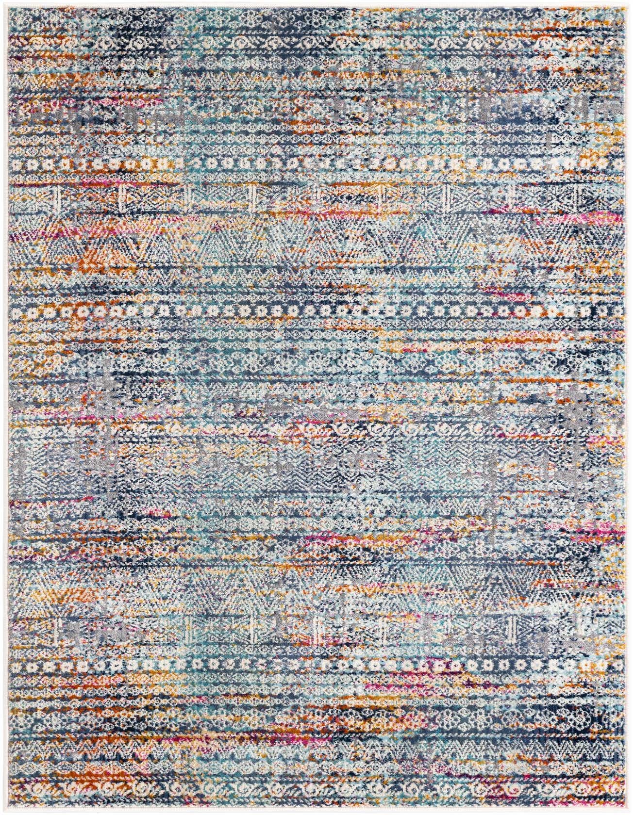A vibrant 3x5 multi-colored rectangular rug with a distressed tribal pattern, suitable for indoor spaces.