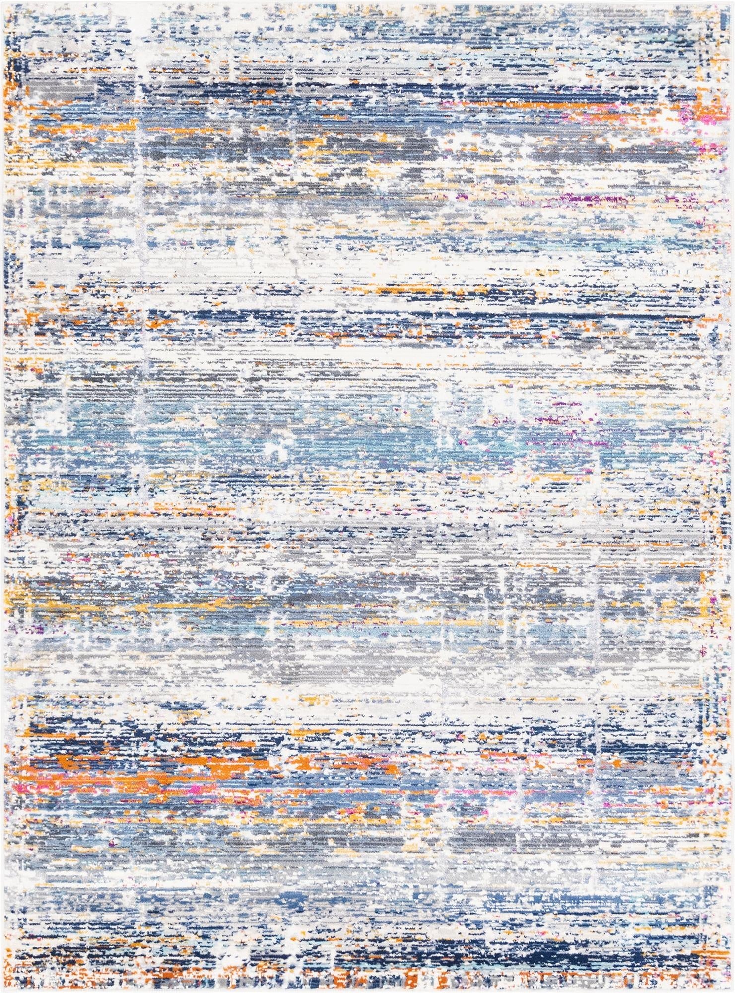 A 4x6 multi-colored rectangular rug with an urban, modern stripe pattern in blues, oranges, and grays.