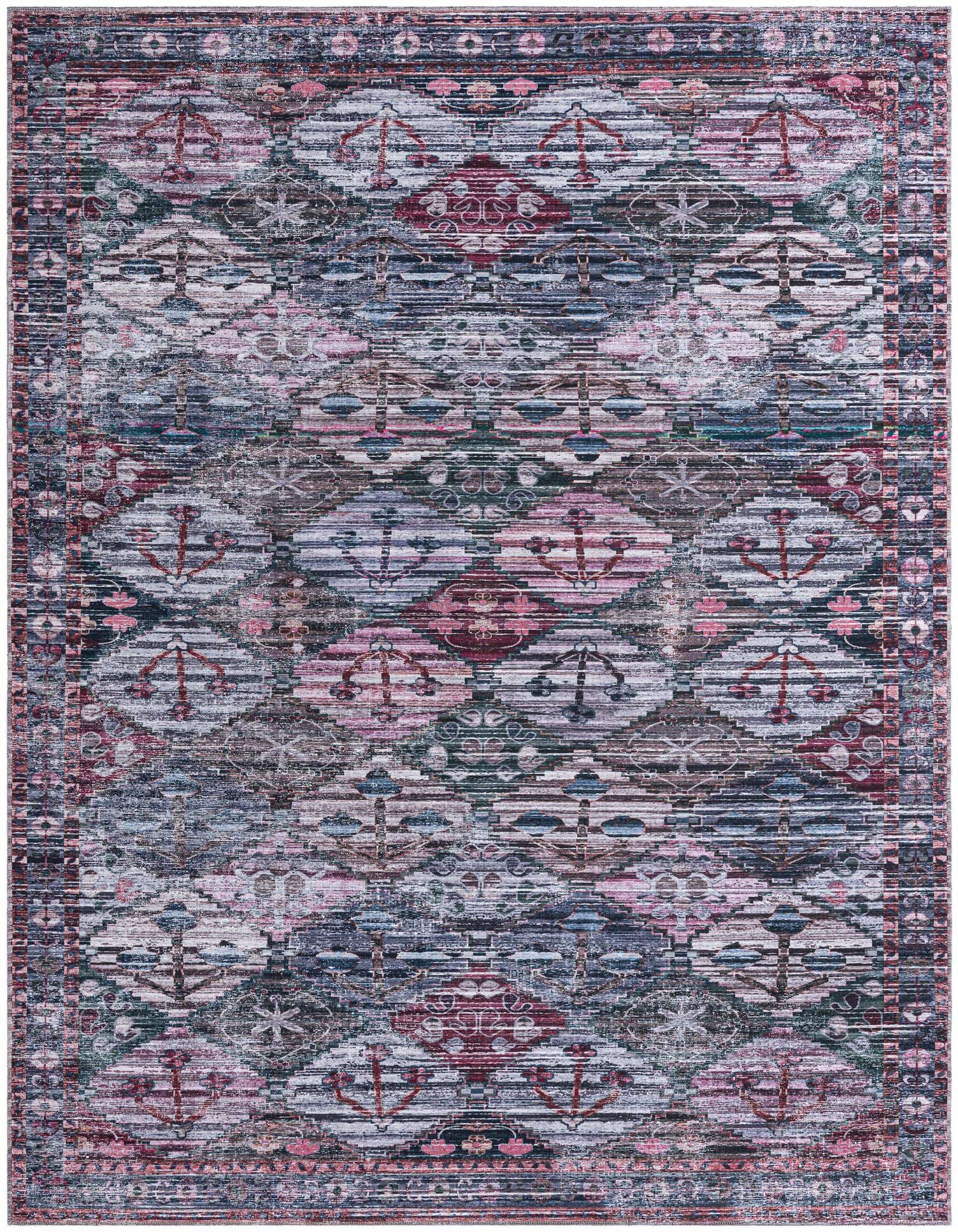 A 9x12 multi-colored rectangular chenille rug with a distressed traditional floral and oriental pattern.