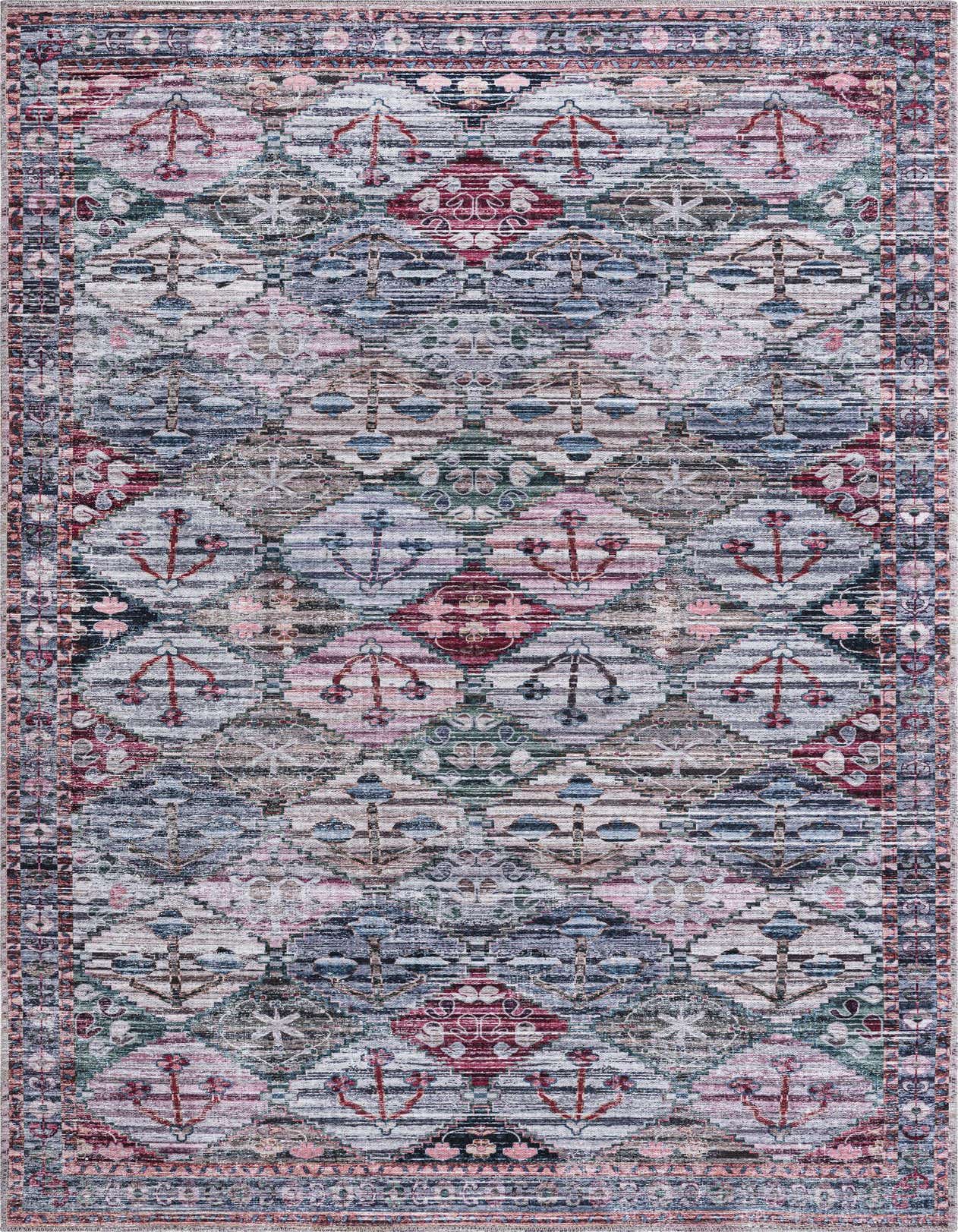 A 5x8 rectangular multi-colored chenille rug with a distressed traditional floral and oriental pattern, suitable for a living room.