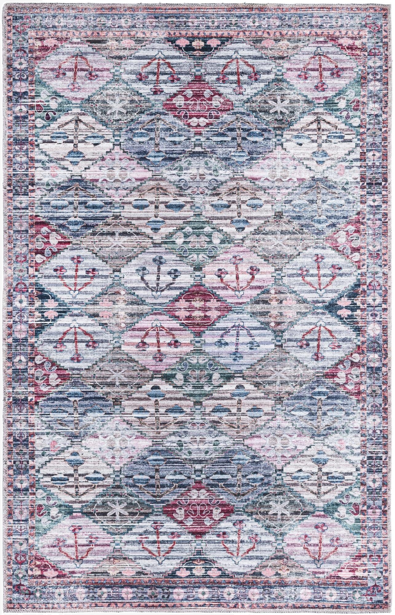 A 4x6 multi-colored rectangular rug with a distressed traditional floral and oriental pattern, featuring shades of blue, pink, and red.